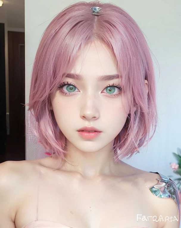 young woman, short shoulder-length pink hair, wide forehead, porcelain skin, pink eyebrows, big emerald green eyes, buttoned nose, full lips, heart-shaped face, slender body, small breasts, red tank top, Sakura Haruno , realistic, realism, details, 3d, well detailed
