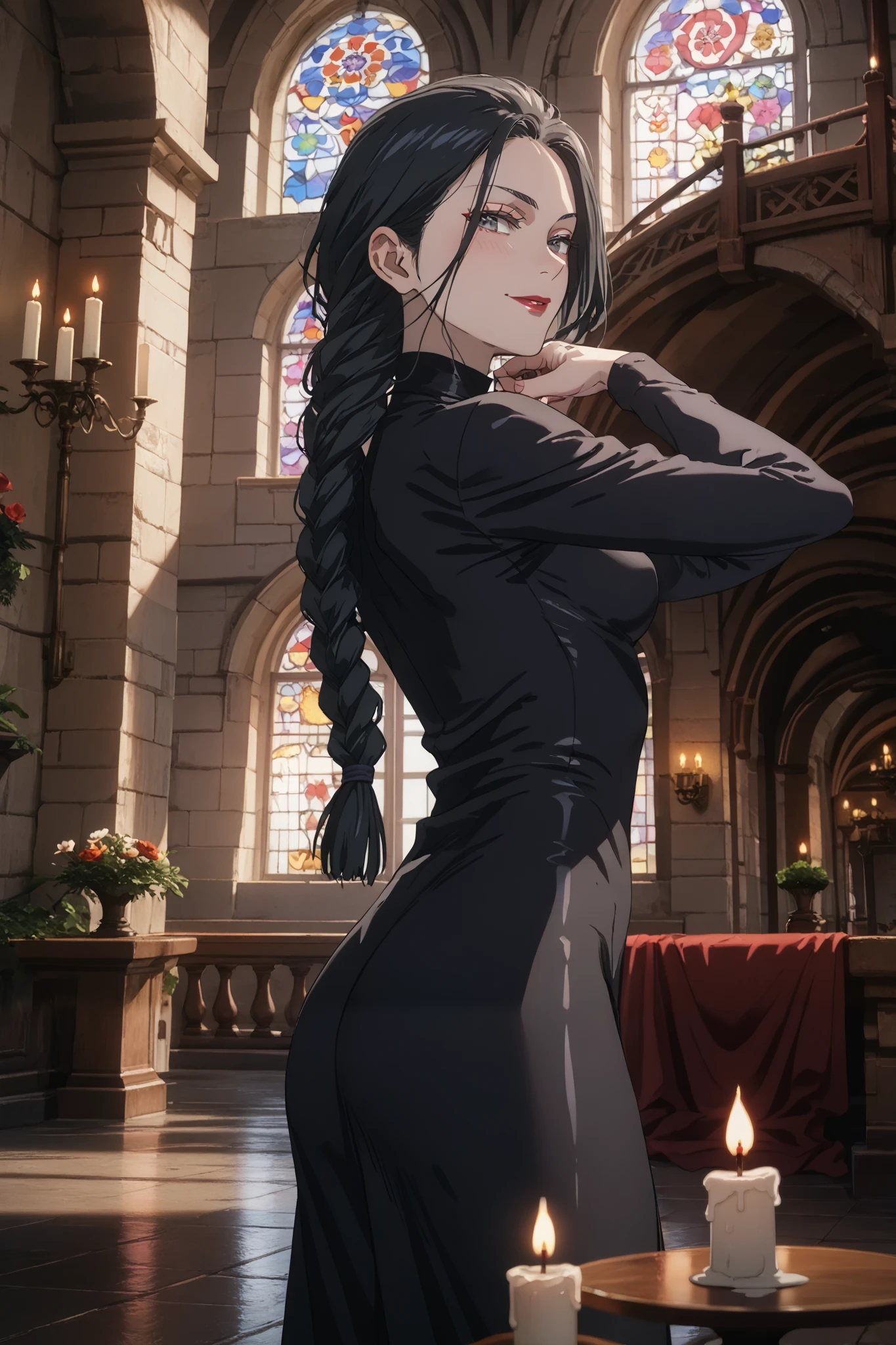 ( best quality:1.3), ( man with 4k quality ),( sharp image ), MeiMei, (( detailed face taster)), (( Masterpiece face)),(( perfect and detailed eyes )) (Blush), MeiMei, ((( black hair, long braided hair ))), light gray eyes, (focus on the eyes:1.5), ( red lips), (red lipstick), cunning face, face with severe features , (( detailed face taster)), perfect face, highly detailed eyes, Masterpiece, absurdities , ( intricate details), ( colored bus), cinematic lighting , extremely detailed 8k background image made in Unity , 1 , alone, mature woman, (( perfect small breasts )),(( perfect erect breasts))(( fit slim figure )),erect breasts, Shaped body, tight black dress , ((Medieval castle corridor, Candle Light)), (((evil face))), fit slim figure , standing up and showing off her sexy ass , (((from behind)))