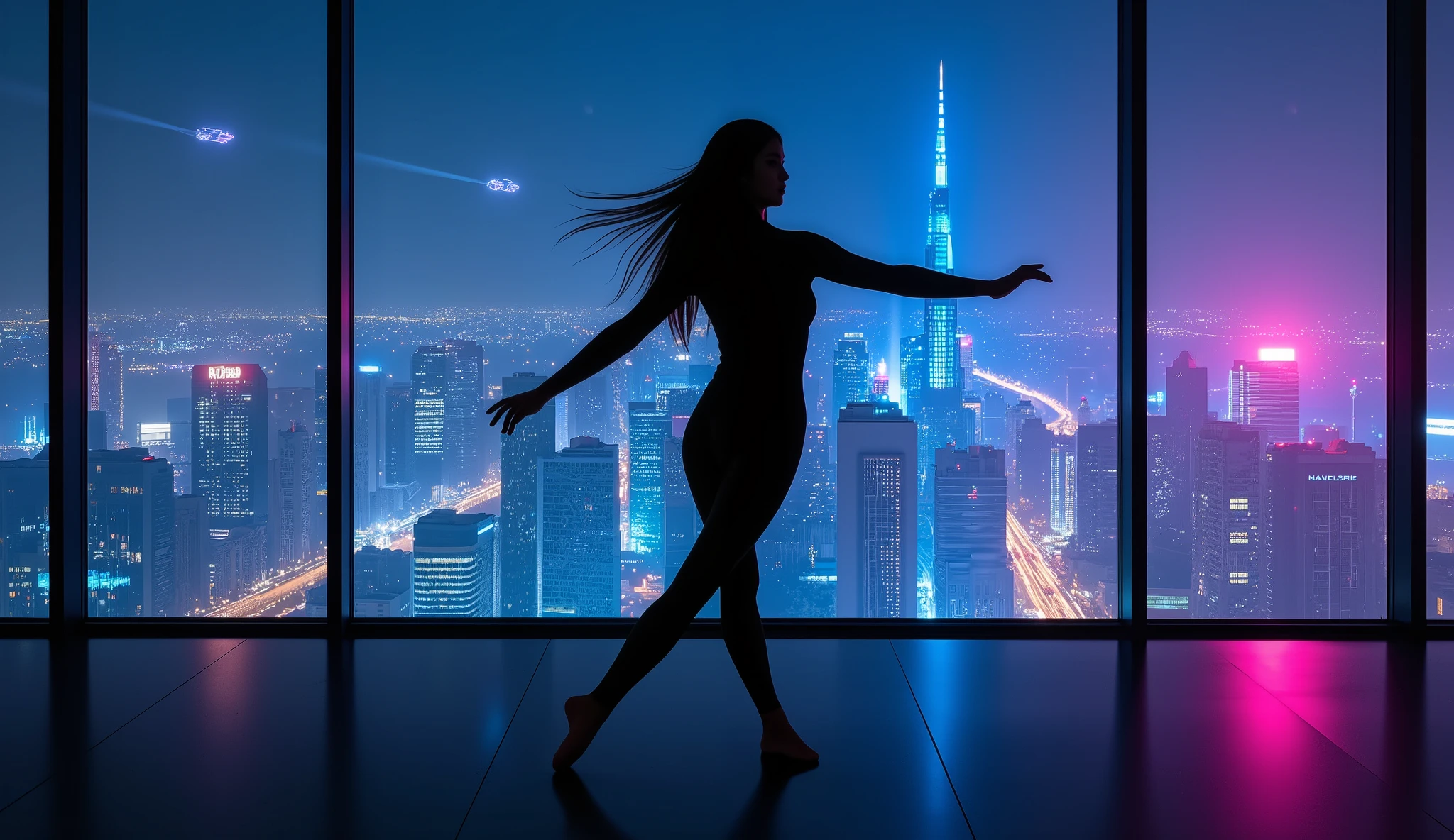 The silhouette of a girl dancing gracefully with precise and fluid movements. She is wearing a tight, form-fitting cyberpunk-style jumpsuit that clings entirely to her body, making her figure completely black with no visible features due to the extremely dim lighting in the room. Her entire body, including her face, appears as a dark shadow with no details, creating the illusion of a dancing shadow or a ghostly figure. She is barefoot, moving elegantly and smoothly, performing a calm and serene dance inspired by ballet but with more freedom and fluidity. Her long hair flows down her back, its shadow swaying gracefully as she dances. Her face and all her features are completely hidden, ensuring her identity remains a mystery.
She stands in front of a massive glass wall that reveals a stunning view of a futuristic city stretching to the horizon. The cityscape is illuminated by neon lights in shades of blue, purple, and pink, glowing vibrantly against the dark night sky. Flying vehicles glide smoothly between the towering skyscrapers, leaving dynamic light trails in the air.
The room is almost completely dark, with no direct light sources. The only illumination comes from the neon lights of the futuristic city reflecting faintly on the glass wall. This creates a stark contrast between the vibrant background and the pitch-black silhouette of the dancer. The lighting ensures that no facial features or body details are visible; only her outline is seen, enhancing the shadowy and mysterious effect. Her long hair's shadow moves fluidly with her body, adding to the ethereal and surreal atmosphere.
The scene feels dramatic and enigmatic, as if she is dancing in another dimension or floating in the void. The neon lights from the city provide a colorful, futuristic backdrop, enhancing the fantasy-like ambiance.Her movements are expressive and graceful, leaving faint, blurry trails that amplify the sense of fluidity and surrealism. Her dance is calm and elegant, echoing the grac
