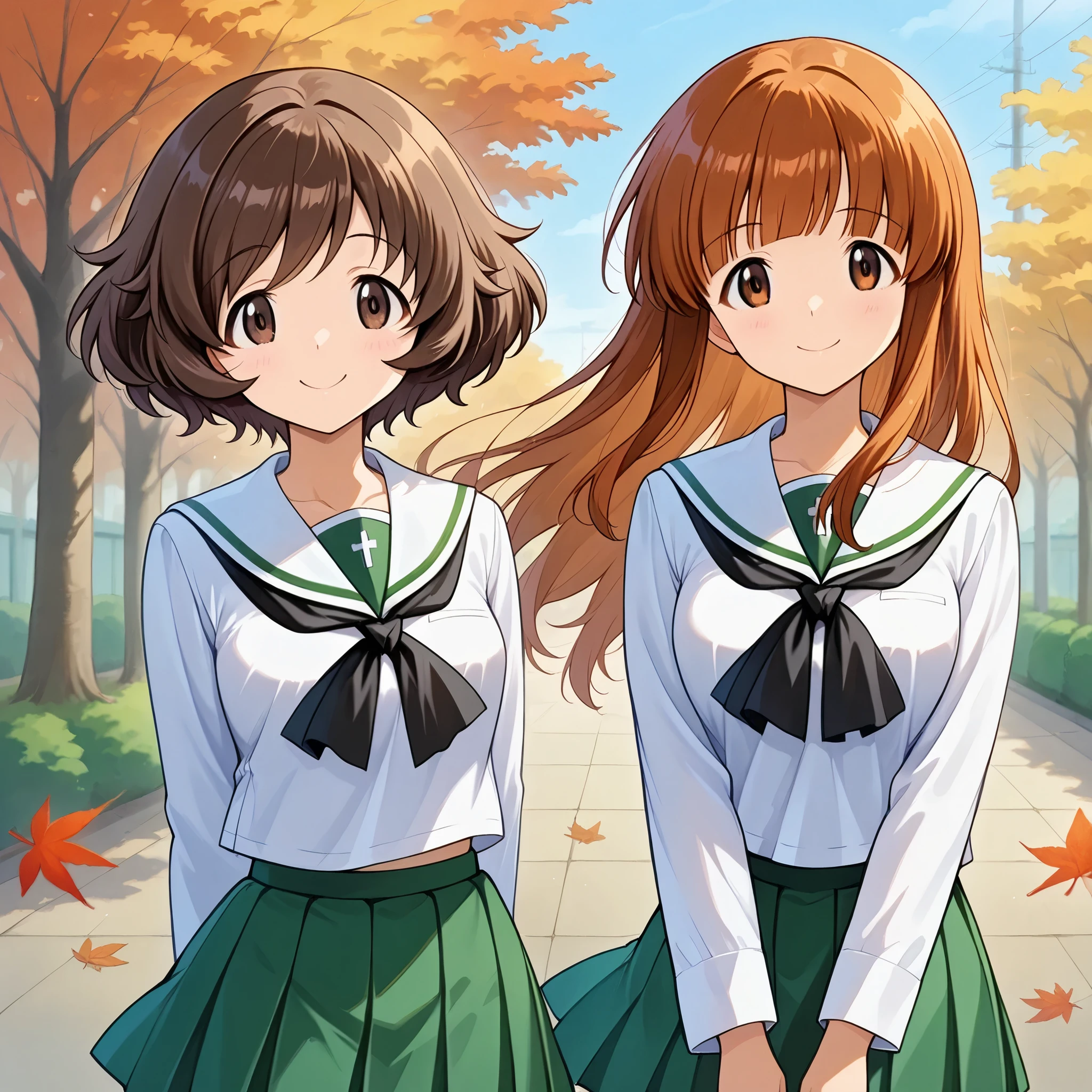 high res, best quality, Super Quality , two girls、( Akiyama Yukari 、 brown beautiful hair、 short hair、 bouncing hair)、(Saori Takebe、smile, beautiful brown eyes, Attractive brown eyes、 orange beautiful hair:1.2)、Uniform up、 ( Oarai school uniform :1.3),White sailor collar, black neckerchief , white shirt, Long Sleeve , Green Skirt 、 outdoor、Maple、autumn leaves