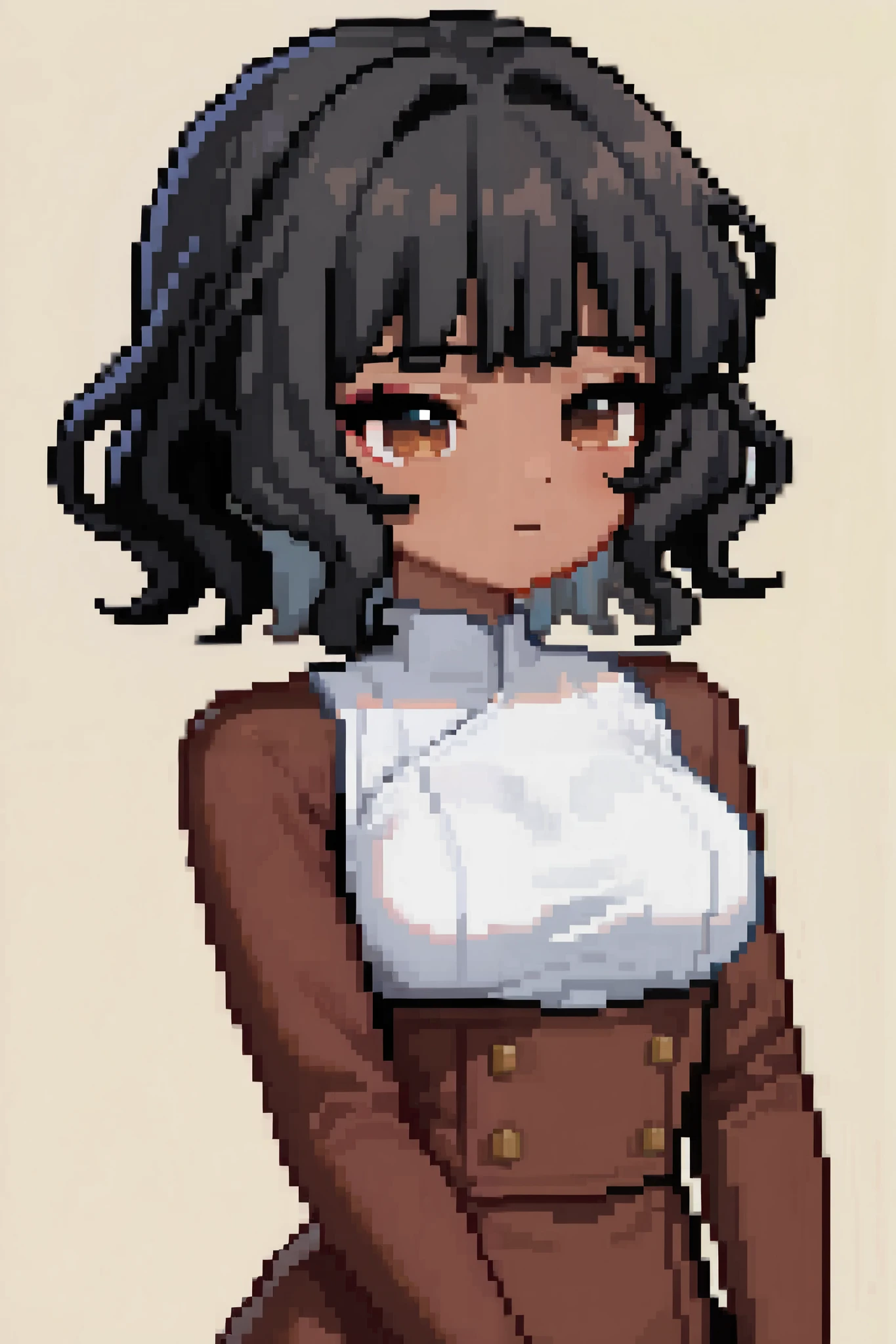 1girl, medium breasts, short hair, wavy hair, straight bangs, black hair, brown eyes, detailed eyes, brown skin