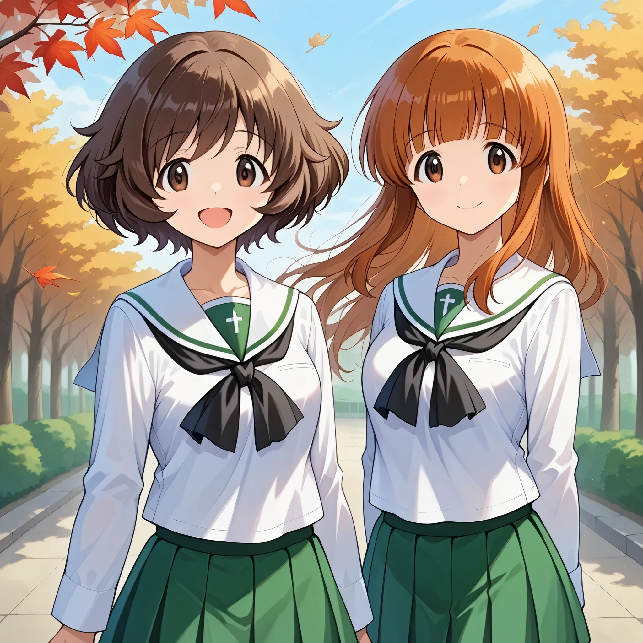 high res, best quality, Super Quality , two girls、( Akiyama Yukari 、 brown beautiful hair、 short hair、 bouncing hair)、(Saori Takebe、smile, beautiful brown eyes, Attractive brown eyes、 orange beautiful hair:1.3)、Uniform up、 ( Oarai school uniform :1.3),White sailor collar, black neckerchief , white shirt, Long Sleeve , Green Skirt 、 outdoor、Maple、autumn leaves