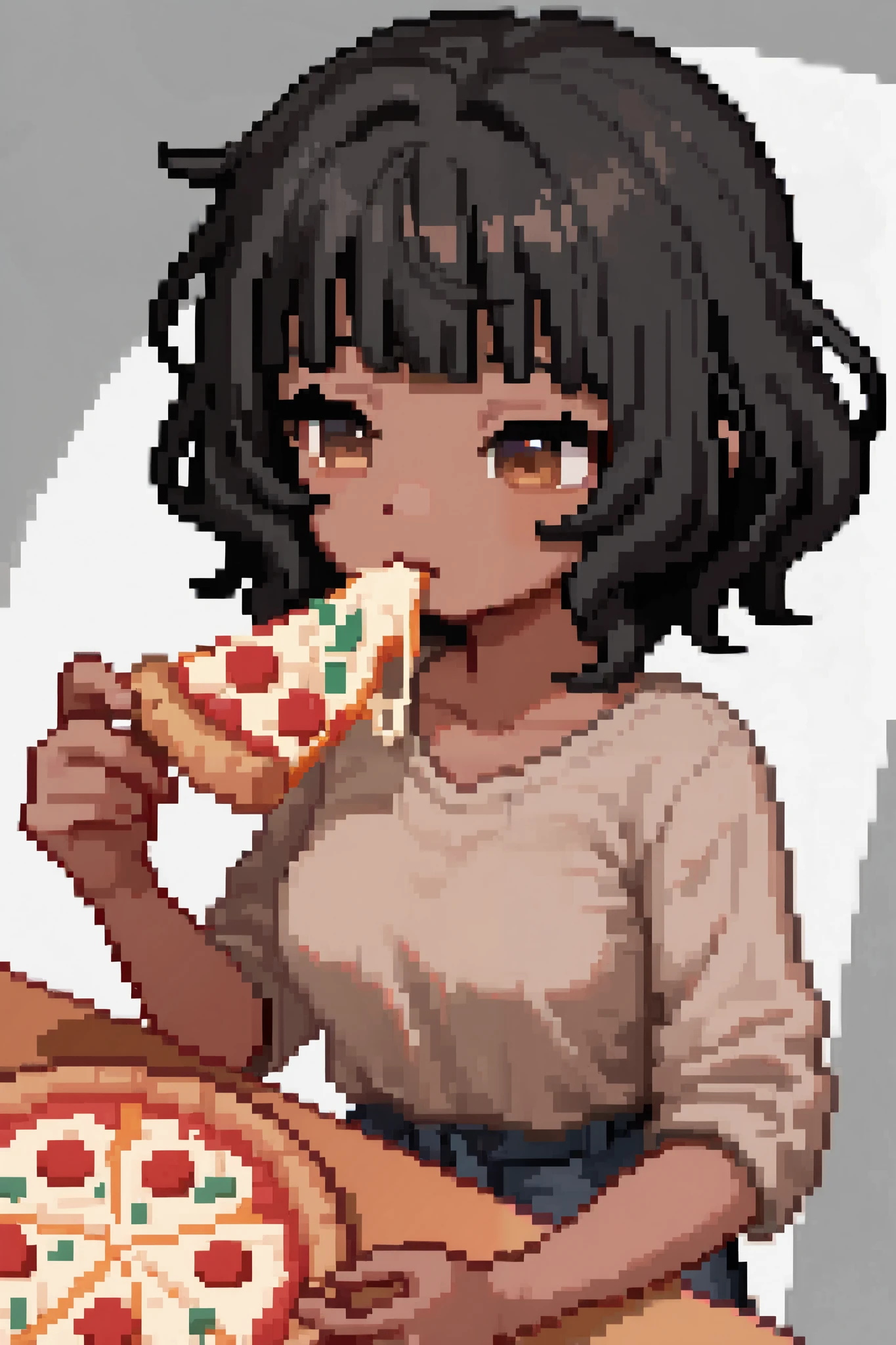 1girl, medium breasts, short hair, wavy hair, straight bangs, black hair, brown eyes, detailed eyes, brown skin, wearing oversized white shirt, eating pizza