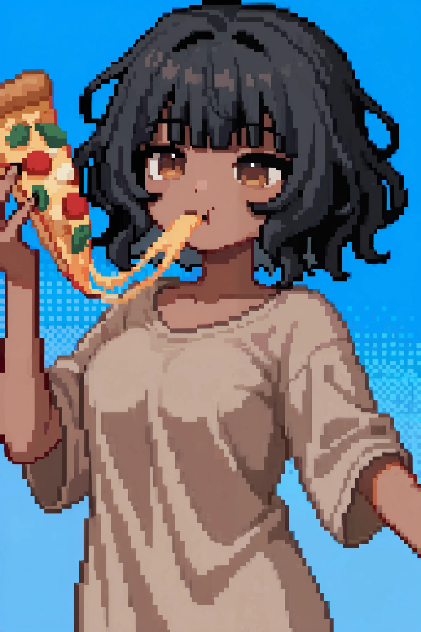 1girl, medium breasts, short hair, wavy hair, straight bangs, black hair, brown eyes, detailed eyes, brown skin, wearing oversized white shirt, eating pizza, blue background