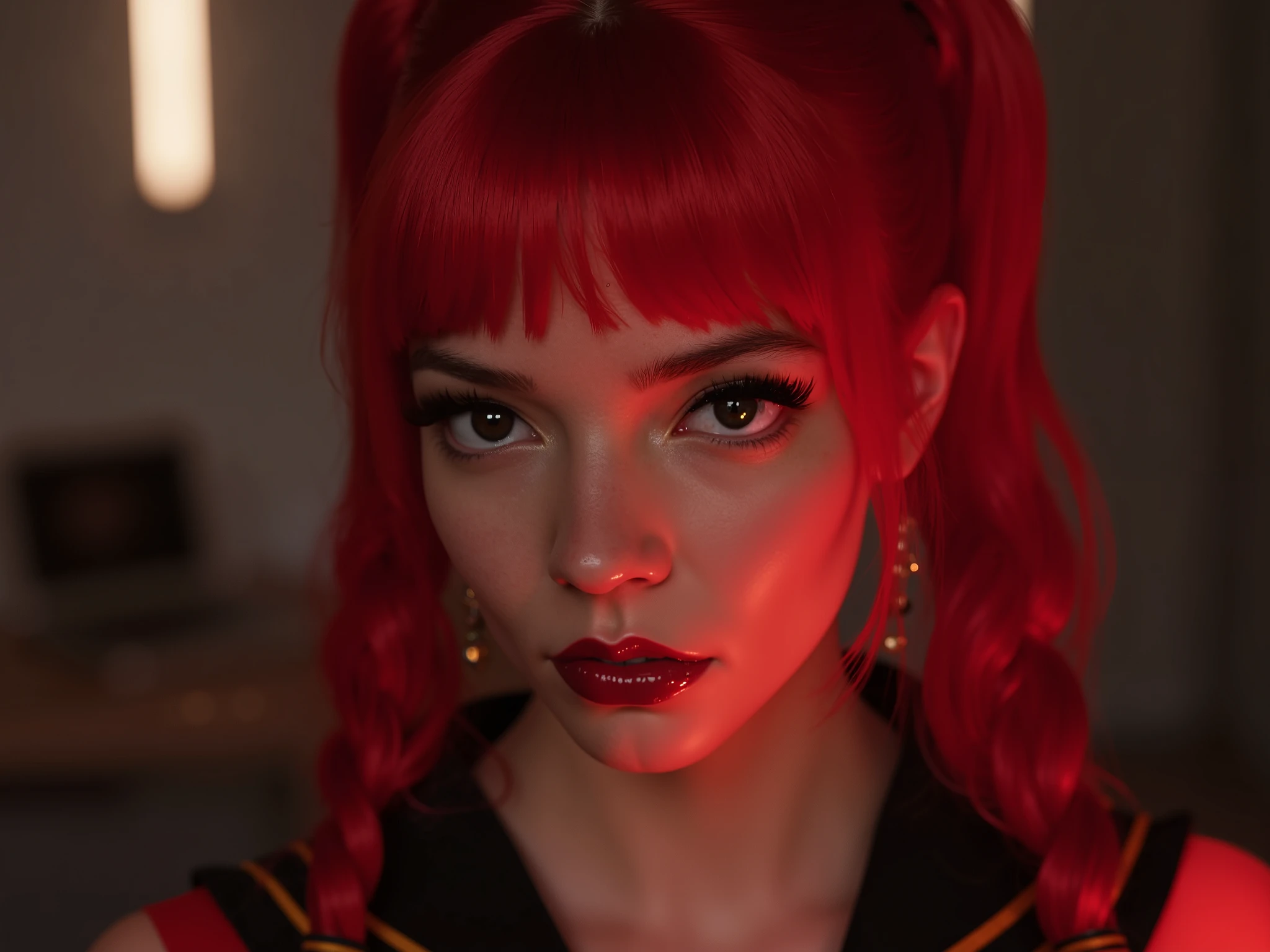 Beautiful girl, red lip gloss, eyeliner flicks, red lip gloss, sexy, latex schoolgirl outfit, body oil, extreme make up, red hair in pigtails, dark red lip gloss, shiny lips, reflective lips