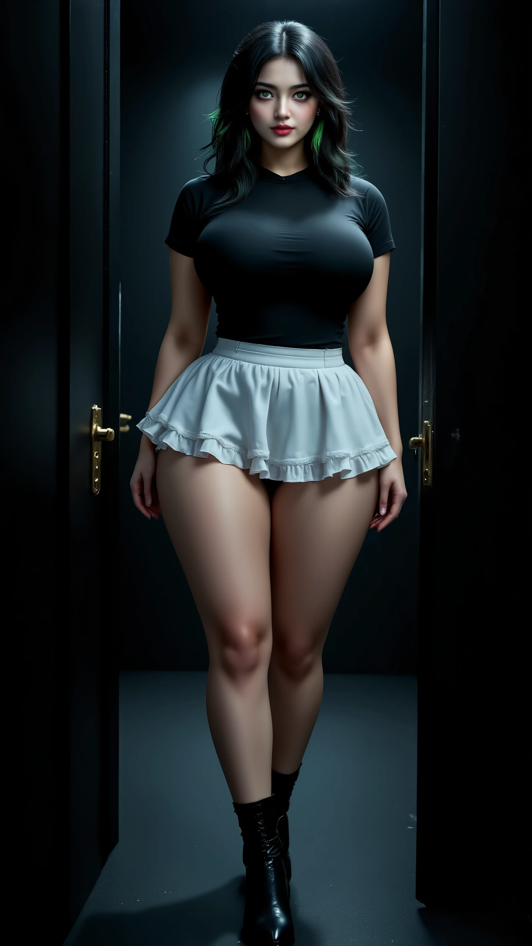 ((RAW Photo), absurd, (absurdresolution)), masterpiece, best quality, (Extremely detailed 8k unity CG wallpaper), (best illustration), (best shadow), Realistic lighting, beautiful detailed glow, ((21 years old)),digital art, 8k, (masterpiece) masterpiece,
highly detailed eyes,
highly detailed faces,
3 ladies, Japanese, 21-years-old, identical triplets, 5'10", 125 lbs., strong extremely athletic body with very-well-defined muscle tone, shiny black hair with heavy green highlights throughout that flows to her thighs, pretty big bright green eyes, very large breasts, solid-black tennis-style blouse with short solid-white frilly mini-skirt, pointy shiny solid-black low-cut high-heeled boots, full body shot, setting is a closed-off dark cramped closet with matte-black floors, walls, ceilings, standing, facing forward, glaring condescendingly at the viewer, full body shot