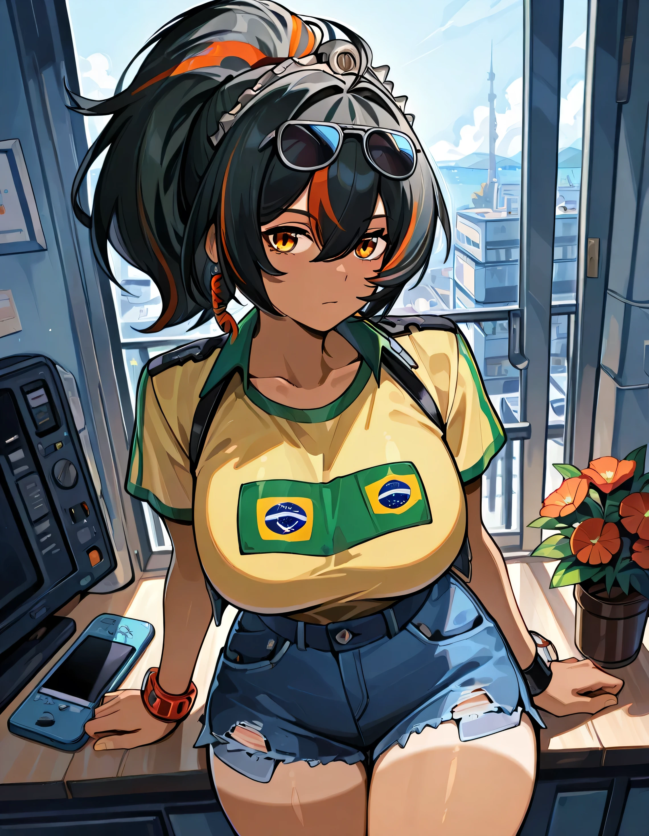 masterpiece, best quality, high resolution, absurdres, masterpiece, best quality, very aesthetic, absurdres, best quality, masterpiece, best quality, high resolution, newest, official style, anime screncap, Zhu Yuan,black hair,multicolored hair,long hair,ponytail,huge breasts,amber eyes, large breasts, sunglasses on head, flower in hair, yellow shirt, brazil flag on shirt, denim shorts, booty shorts, tanned,