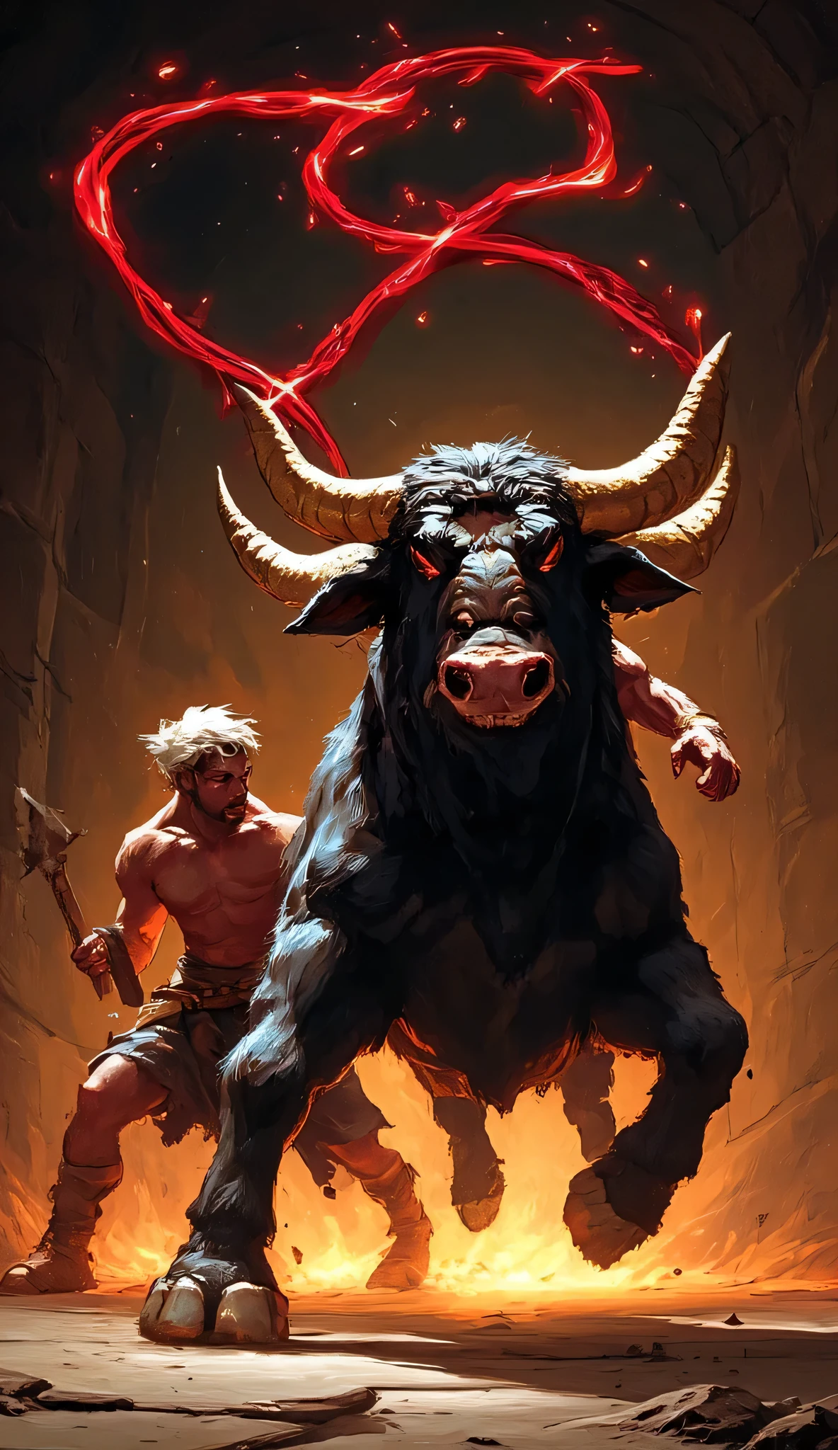 Prompt:
"Epic battle scene: Theseus dodges the Minotaur's charge in a claustrophobic labyrinth chamber. Glowing red thread tangled on the beast's horns, torchlight flickering, dynamic angles, hyper-muscular figures, dramatic shadows, oil painting style with bold strokes."