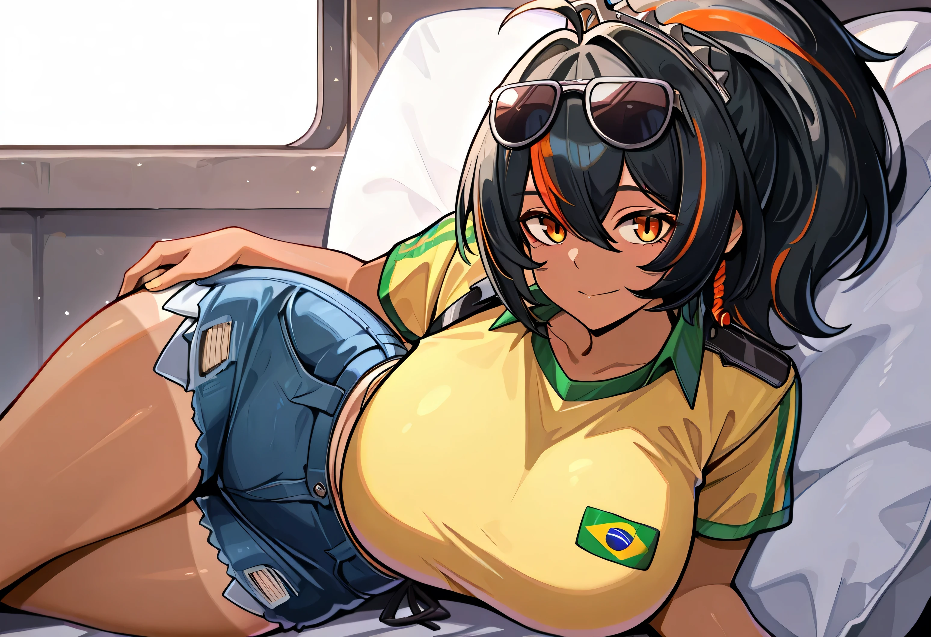 masterpiece, best quality, high resolution, absurdres, masterpiece, best quality, very aesthetic, absurdres, best quality, masterpiece, best quality, high resolution, newest, official style, anime screncap, Zhu Yuan,black hair,multicolored hair,long hair,ponytail,huge breasts,amber eyes, large breasts, sunglasses on head, flower in hair, yellow shirt, brazil flag on shirt, denim shorts, booty shorts, tanned,