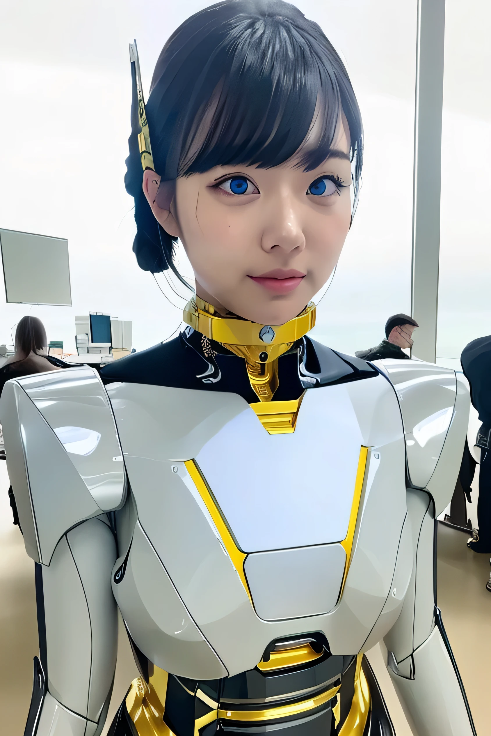 masterpiece, best quality, extremely detailed, Japaese android girl,Plump , control panels,android,Droid,Mechanical Hand, Robot arms and legs, Black Robot Parts,Black hair,Mechanical body,Blunt bangs,White robotics parts,perfect robot girl,future information counter,reception,long tube,thick cable connected her neck,ceramic body ,mechanical body,mechanical costume,android,robot,humanoid,cyborg,information office,japanese android receptionist ,mechanical chest,blue eyes,office-lady