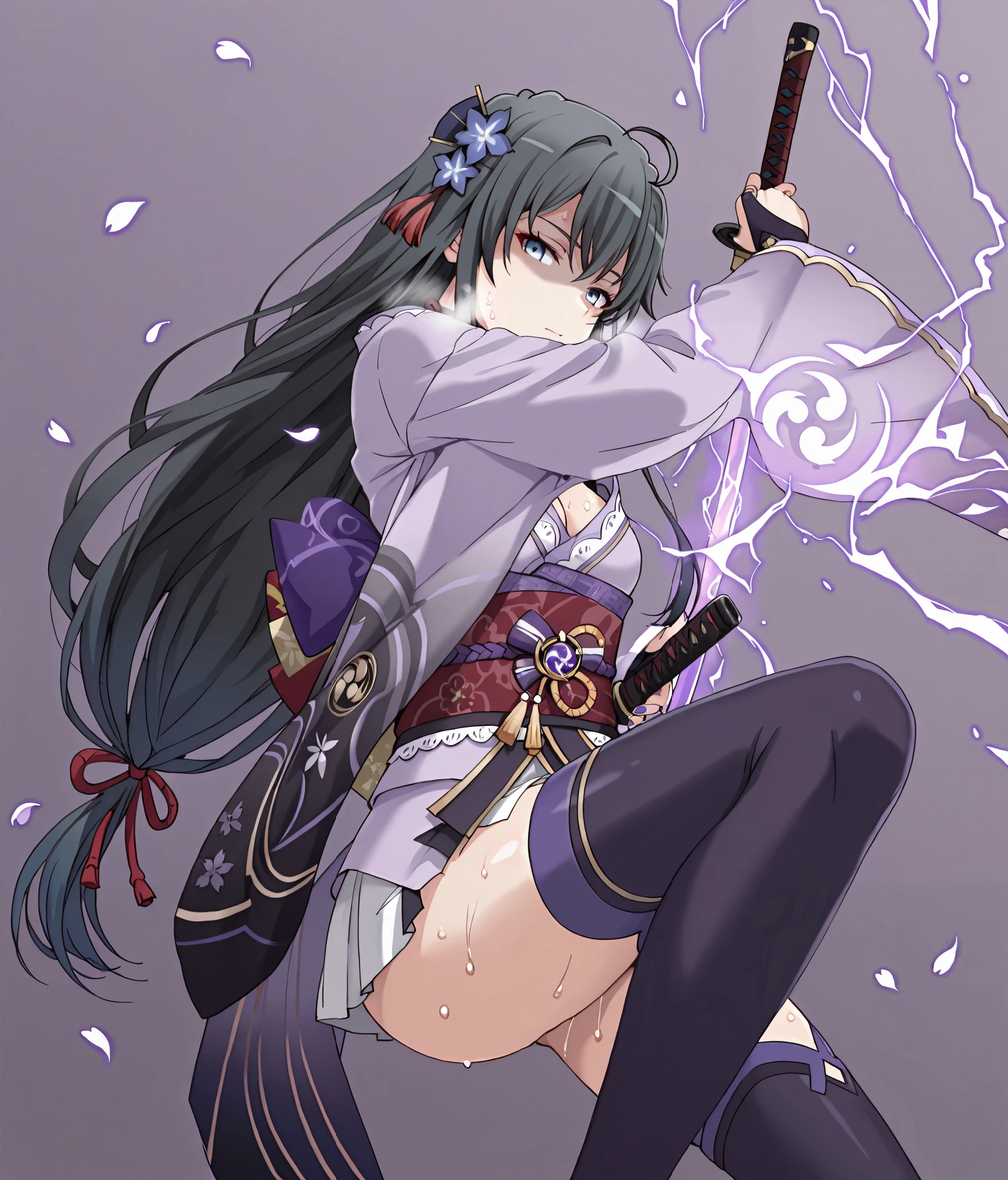 masterpiece, high quality, absurdres, best quality, very aesthetic, newest, anatomical correct, HD, 4K, digital art, trending on DeviantArt, gasping, heavy breathing, excessive sweating, sweating, sweating profusely, gasping profusely, cinematic, yukino yukinoshita, black hair, blue eyes, long hair, ahoge, small breasts, (buta-style), 1girl, solo, japanese_clothes, sword, weapon, breasts, holding_sword, kimono, holding_weapon, thighhighs, obiage, musou_isshin_(genshin_impact), purple_flower, looking_at_viewer, obi, holding, sash, flower, tomoe_(symbol), obijime, mitsudomoe_(shape), electricity, cleavage, wide_sleeves, bridal_gauntlets, tassel, closed_mouth, long_sleeves, egasumi, petals, katana, ribbon, falling_petals, purple_nails, drawing_sword, vision_(genshin_impact), purple_thighhighs, shaded face, (aura:1.4), simple background 