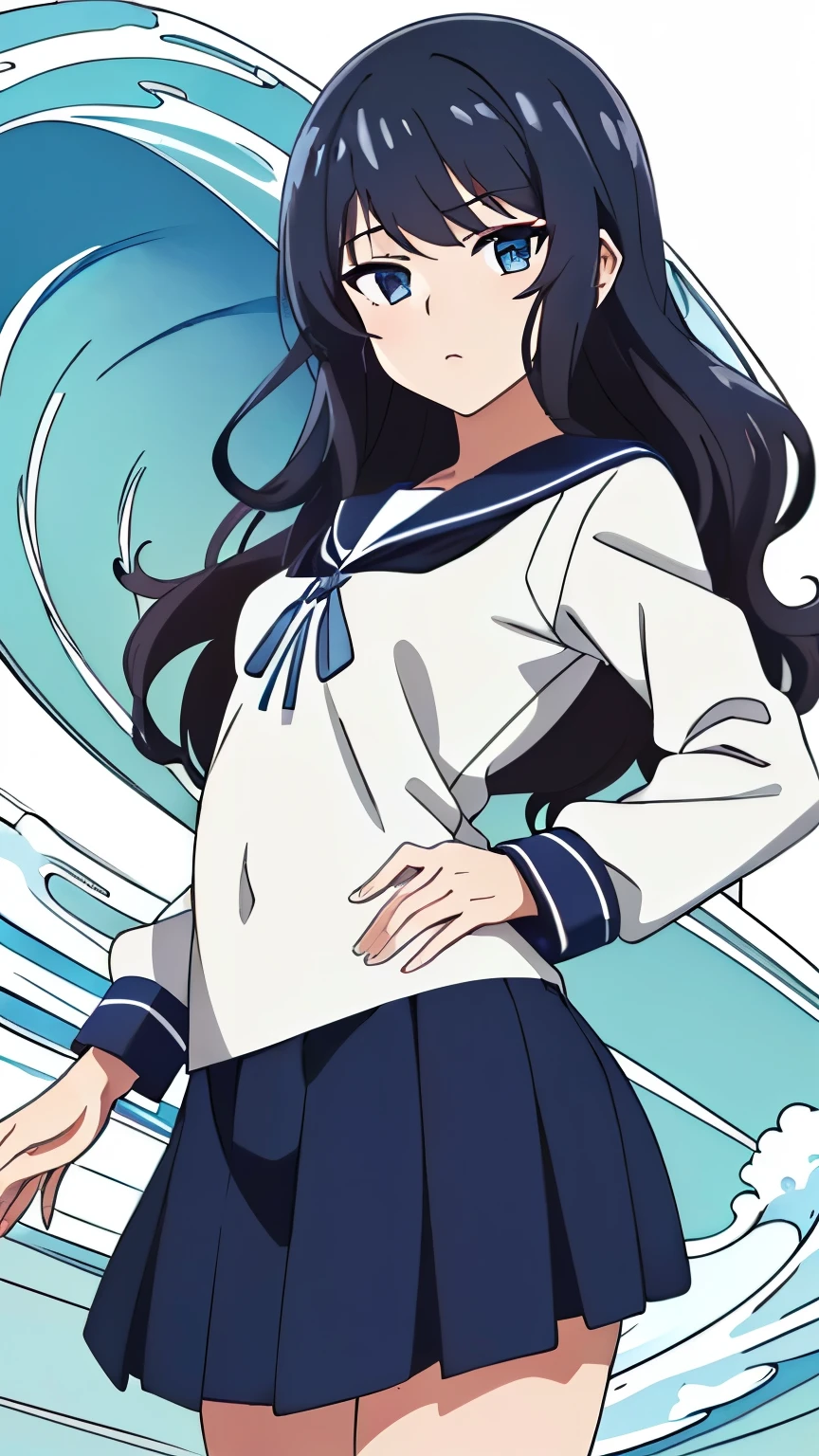 (Top quality, masterpiece, 8k), (anime coloring:1.2), very detailed, very detailed, perfect face, beautiful eyes, perfect eyes, detailed eyes, detailed face, ultra-detailed, detailed eyes, symmetrical eyes, sharp details, 1 girl, solo, (((short stature))), small breasts, healthy skin, (half closed eyes:0.8), (:1.2), (black hair, long hair), (wave hair:1.6), (false eyelashes:1.2), (small breasts:1.2), 18 years old, healthy skin, slim, slim body, (((expressionless))), (highschool girl, white sailor suit, white long sleeve, navy blue ribbon, black skirt, classroom), (cowboy shot:1.3), (dynamic pose), looking at the viewer, in the center of the image