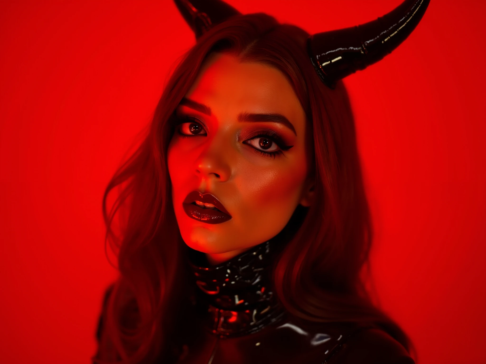 Beautiful girl, red lip gloss, eyeliner flicks, red lip gloss, sexy, full body fetish latex rubber devil outfit, body oil, extreme make up, red hair, dark red lip gloss, shiny lips, reflective lips, fiery hell background