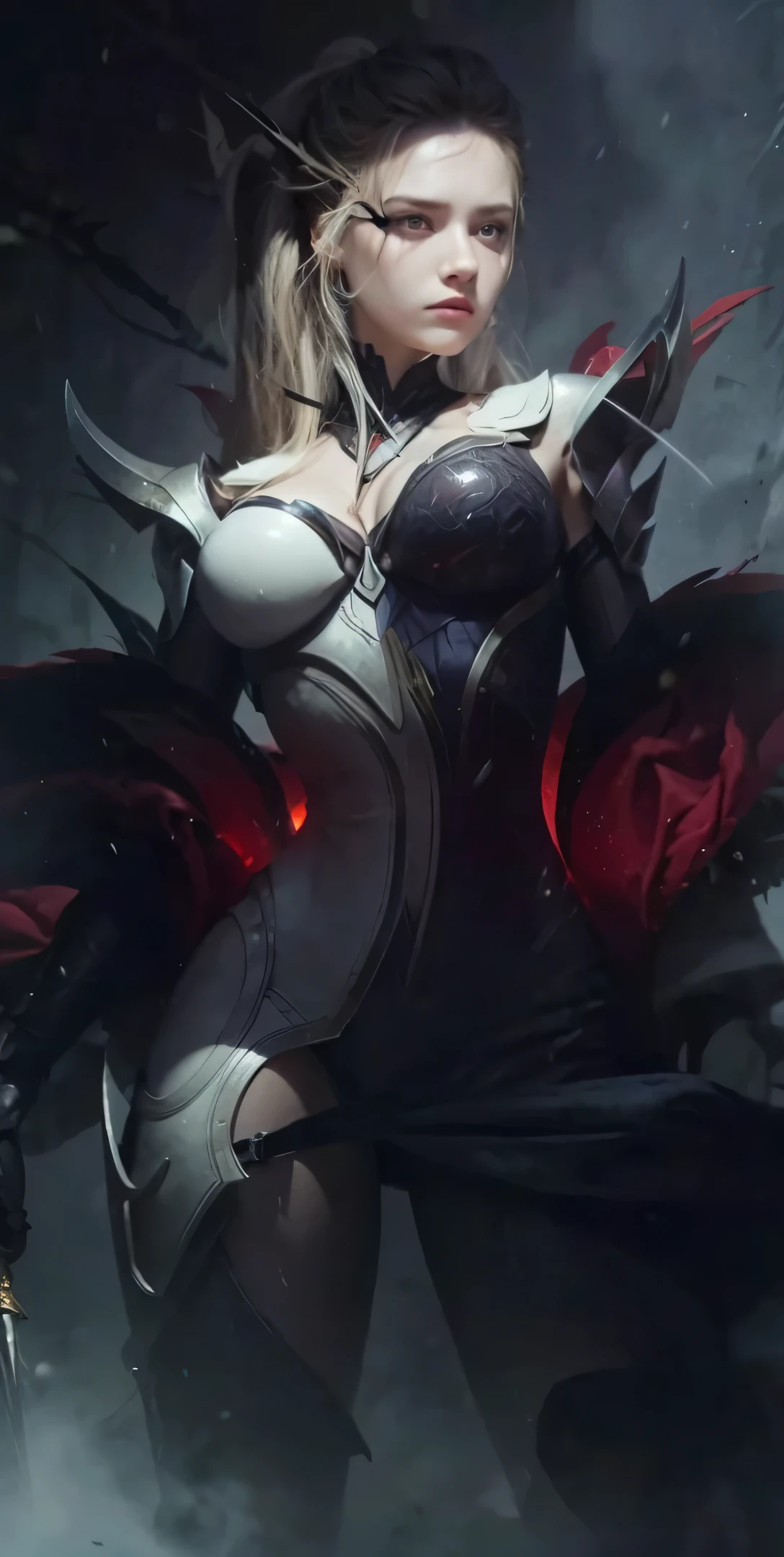 Ultra HD, detailed face , closed eyes , dramatic lighting , calm, 1 lady , assasin, white hair , red dress, huge breasts, neon sparkle , dark background