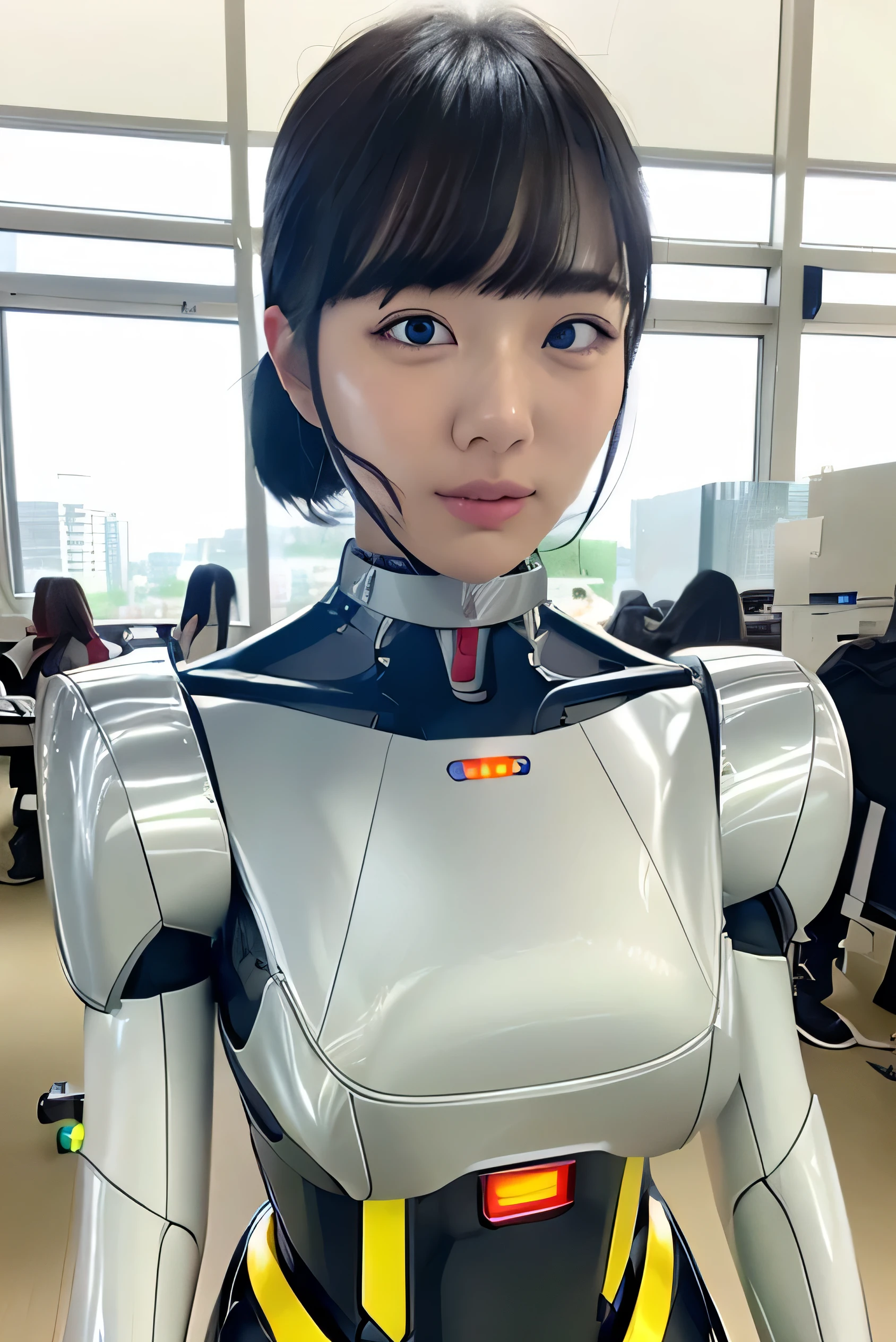 masterpiece, best quality, extremely detailed,  Japaese android girl,Plump , control panels,android,Droid,Mechanical Hand, Robot arms and legs, Black Robot Parts,Black hair,Mechanical body,Blunt bangs,White robotics parts,perfect robot girl,future information counter,reception,long tube,thick cable connected her neck,ceramic body ,mechanical body,mechanical costume,android,robot,humanoid,cyborg,information office,japanese android receptionist ,mechanical chest,blue eyes,office-lady