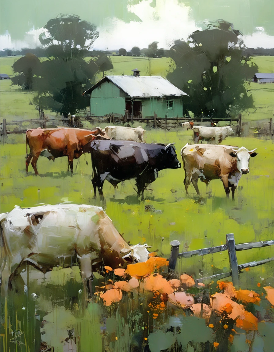 painting of GROUP OF OXES,, IN THE PASTURE.... FIELD OF FLOWERS, HOUSE IN THE BACKGROUND. FENCED, FENCE....USE EARTH COLORS, OCHRES, GREEN. , (((SALMON))DARK YELLOW, SALMON...painting, upright body, jeremy mann style, art by jeremy mann, painting by jeremy mann, art by alessandro pautasso, painting by SOME OXES, GRAZING...style by Aaron Blaise painting by james gurney, jeremy mann, influenced by jeremy mann, by Ryan Hewett