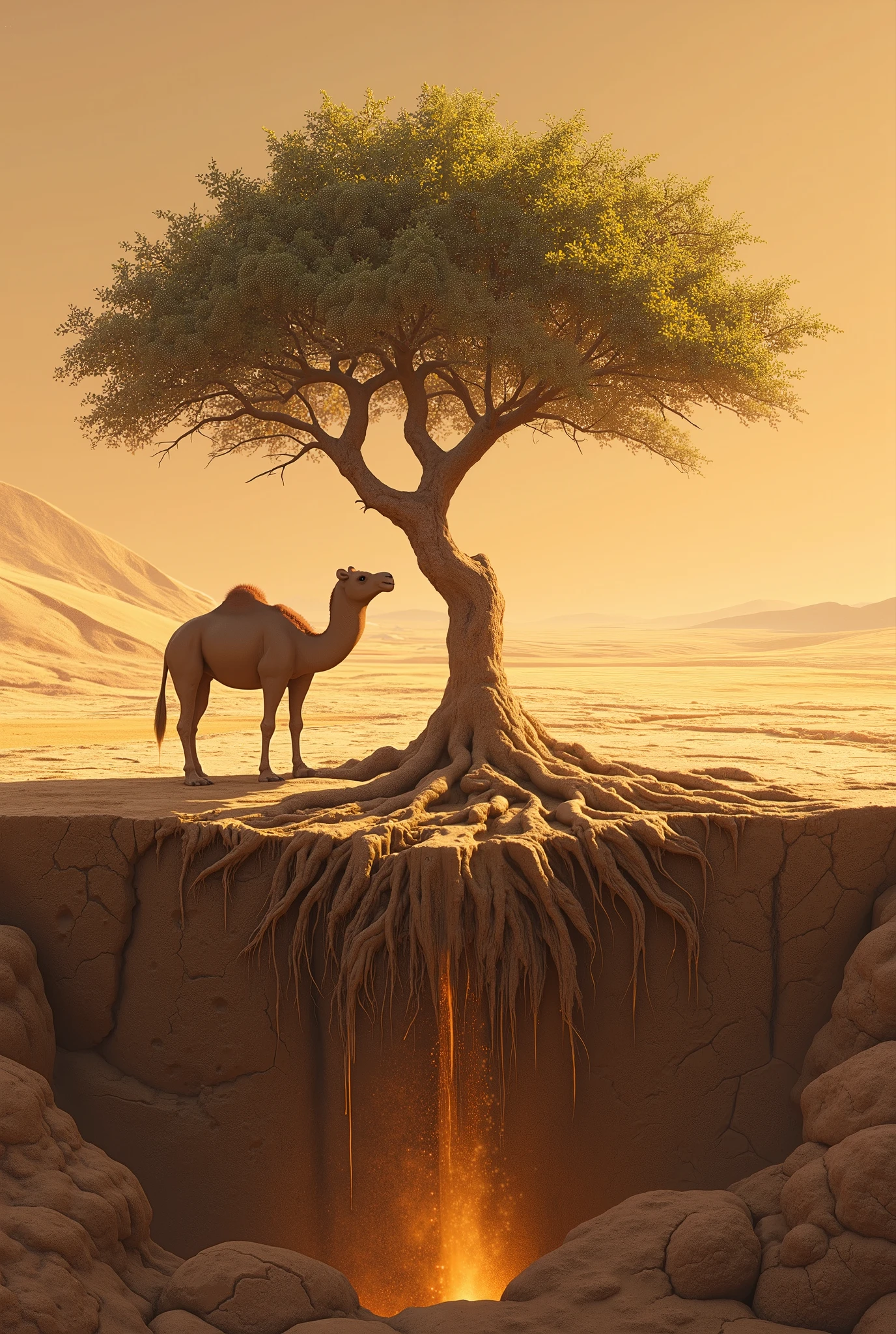 Cracked earth surrounds the tree, its roots coiling deep into moist soil. The camel nods sagely, and a tiny stream glows underground.
