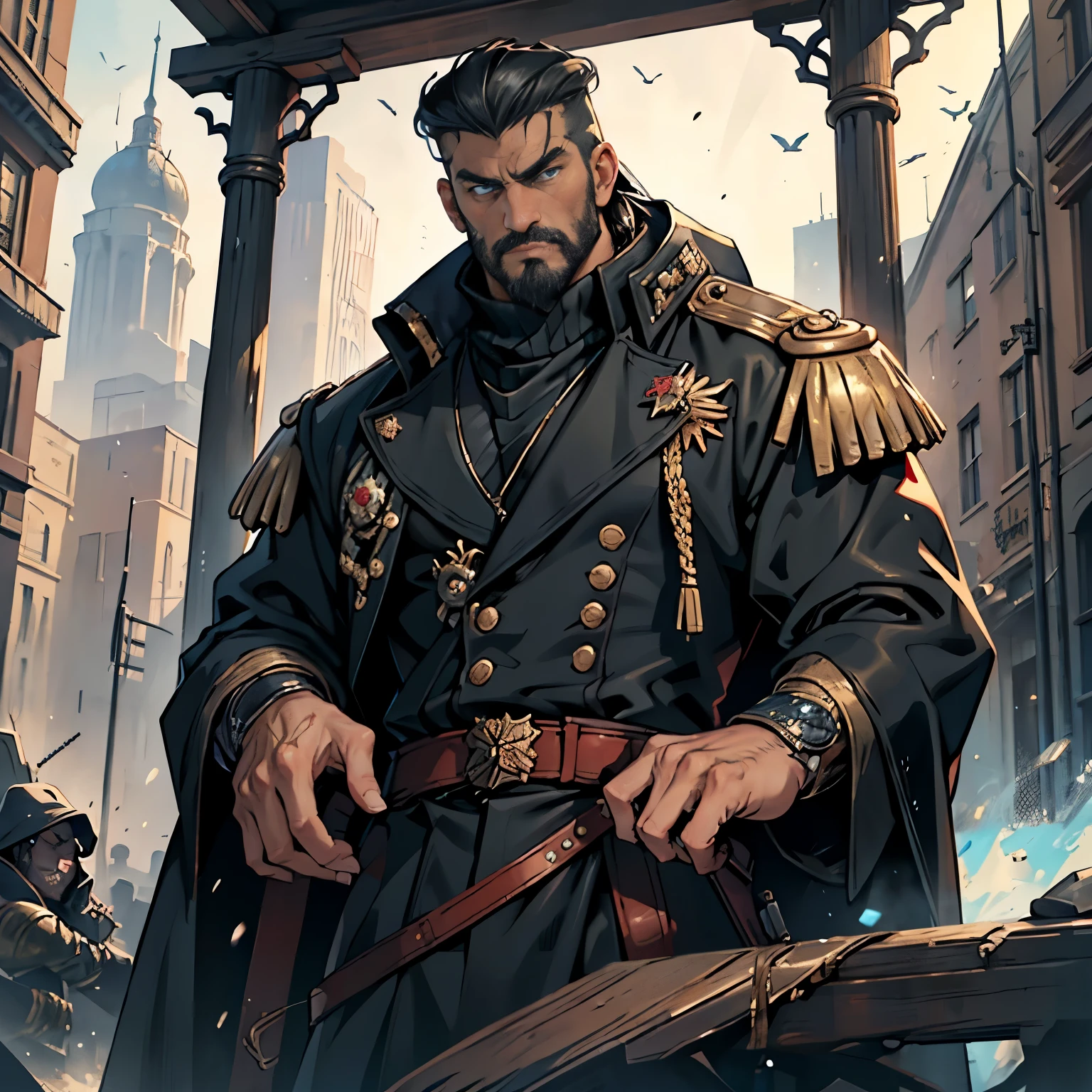 ((Best quality)), ((masterpiece)), ((realistic cartoon)), ((perfect character)):
In this stunning and highly detailed realistic cartoon, we present a male human. The man stands tall, a middle-aged man, and he's Commissar from Warhammer 40K, and powerfully built, he has long-medium raven black hair and he has a stern face. he had blue eyes, wore a black coat, a black pant, and had a strong balanced muscle body.
Every element of this masterpiece is carefully designed to create a sense of realism and immersion. The intricacies of the man's clothing, the mesmerizing effects of the area around him and he was in city in winter season, and the level of detail in his weathered face all contribute to a captivating visual experience. This artwork is presented in stunning UHD resolution, allowing you to appreciate every nuance and intricacy in breathtaking detail.
Eye level, scenic, masterpiece.