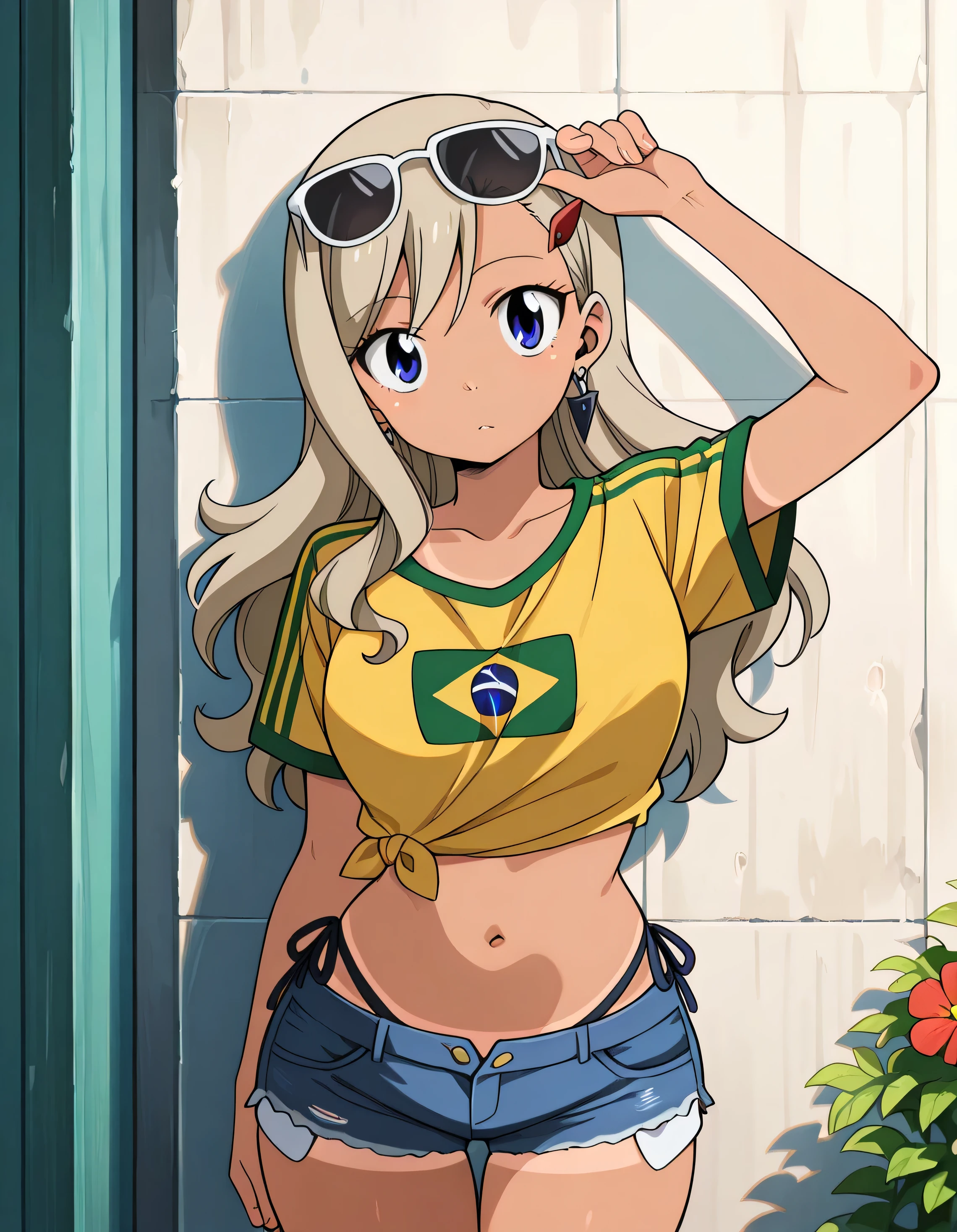 masterpiece, best quality, high resolution, absurdres, masterpiece, best quality, very aesthetic, absurdres, best quality, masterpiece, best quality, high resolution, newest, official style, anime screncap, rebecca_bluegarden, blue eyes, long hair, hairclip, sunglasses on head, flower in hair, yellow shirt, brazil flag on shirt, denim shorts, booty shorts, tanned,