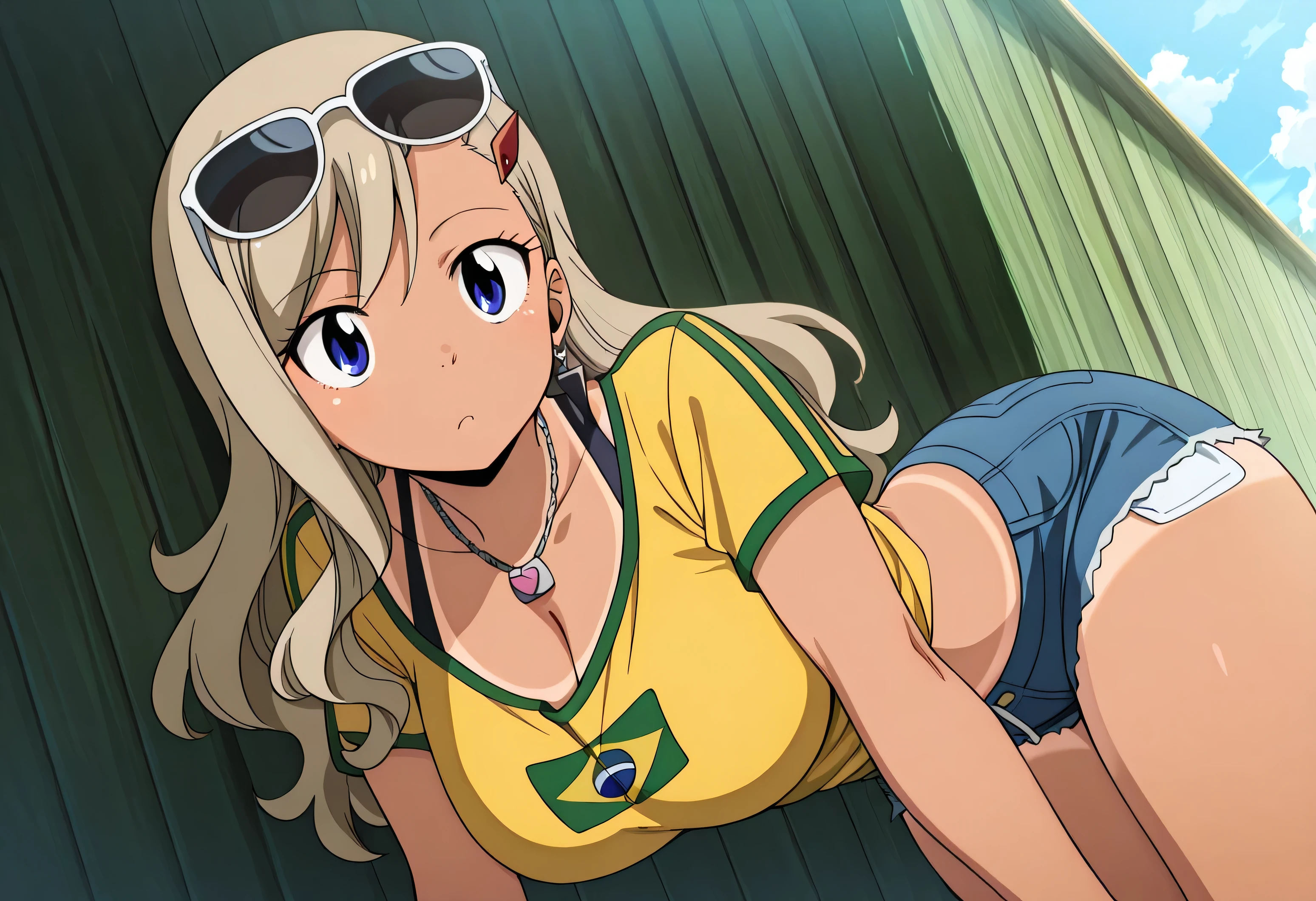 masterpiece, best quality, high resolution, absurdres, masterpiece, best quality, very aesthetic, absurdres, best quality, masterpiece, best quality, high resolution, newest, official style, anime screncap, rebecca_bluegarden, blue eyes, long hair, hairclip, sunglasses on head, flower in hair, yellow shirt, brazil flag on shirt, denim shorts, booty shorts, tanned,