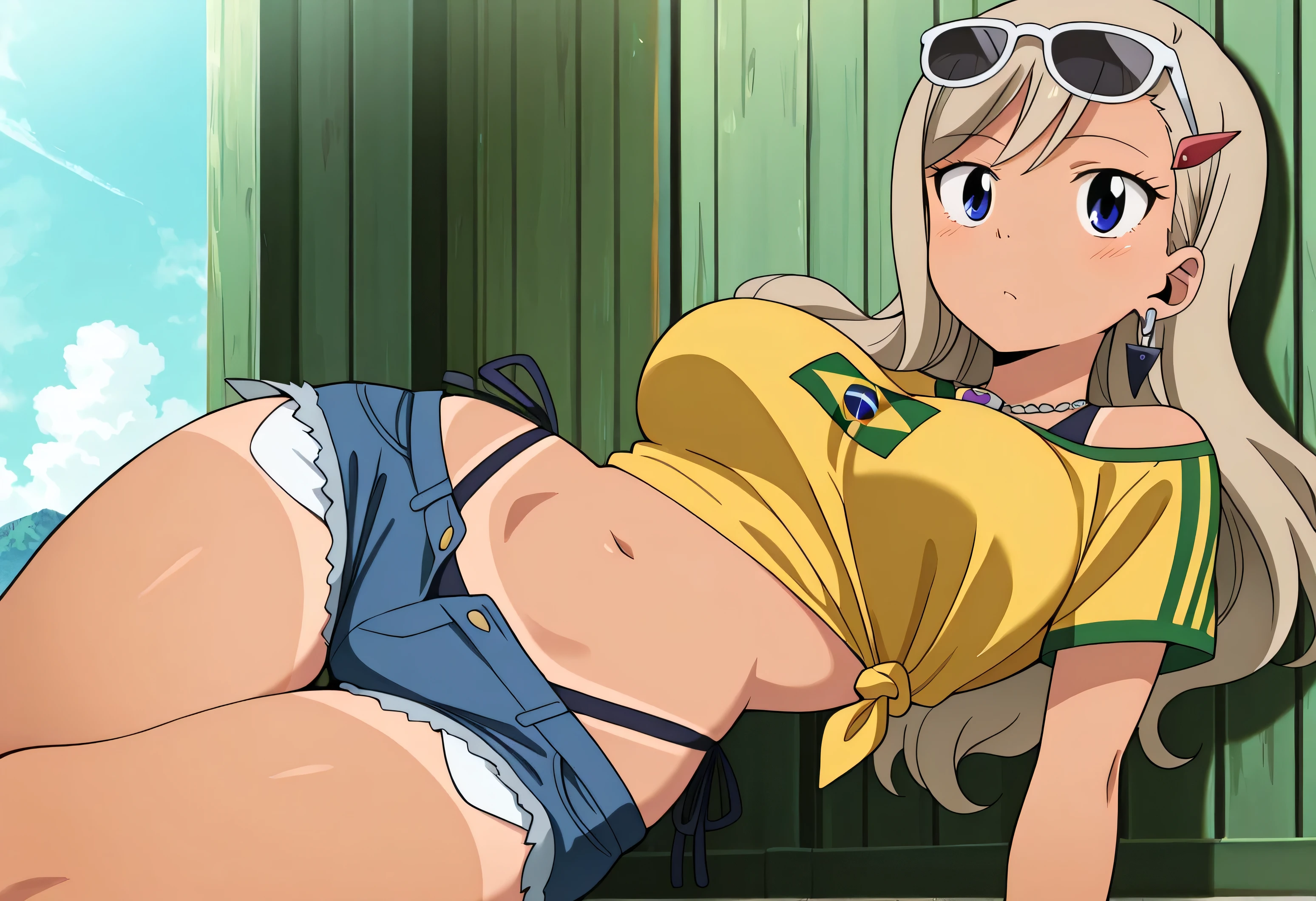 masterpiece, best quality, high resolution, absurdres, masterpiece, best quality, very aesthetic, absurdres, best quality, masterpiece, best quality, high resolution, newest, official style, anime screncap, rebecca_bluegarden, blue eyes, long hair, hairclip, sunglasses on head, flower in hair, yellow shirt, brazil flag on shirt, denim shorts, booty shorts, tanned,