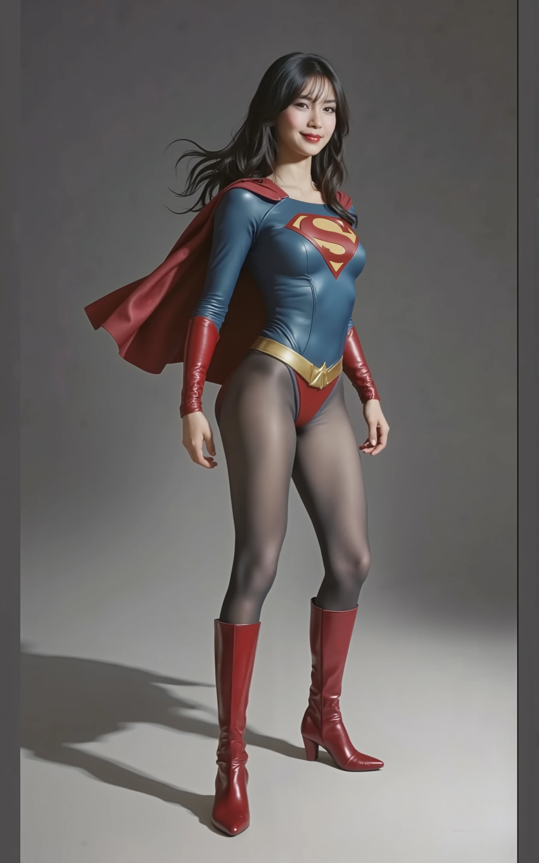 No background、(((Beautiful legs in black tights.)))、(((Legally express the beauty of your smile)))、((((Make the most of your original images)))、(((Supergirl Costume)))、(((Beautiful Hair)))、(((Smiling and winking)))、(((Please wear black tights....、Wear red boots)))、((Best image quality、8k))、((highest quality、8k、masterpiece:1.3))、(((Preserve background )))、Sharp focus:1.2、Beautiful woman with perfect figure:1.4、Slim Abs:1.2、Wet body:1.5、Highly detailed face and skin texture、8k