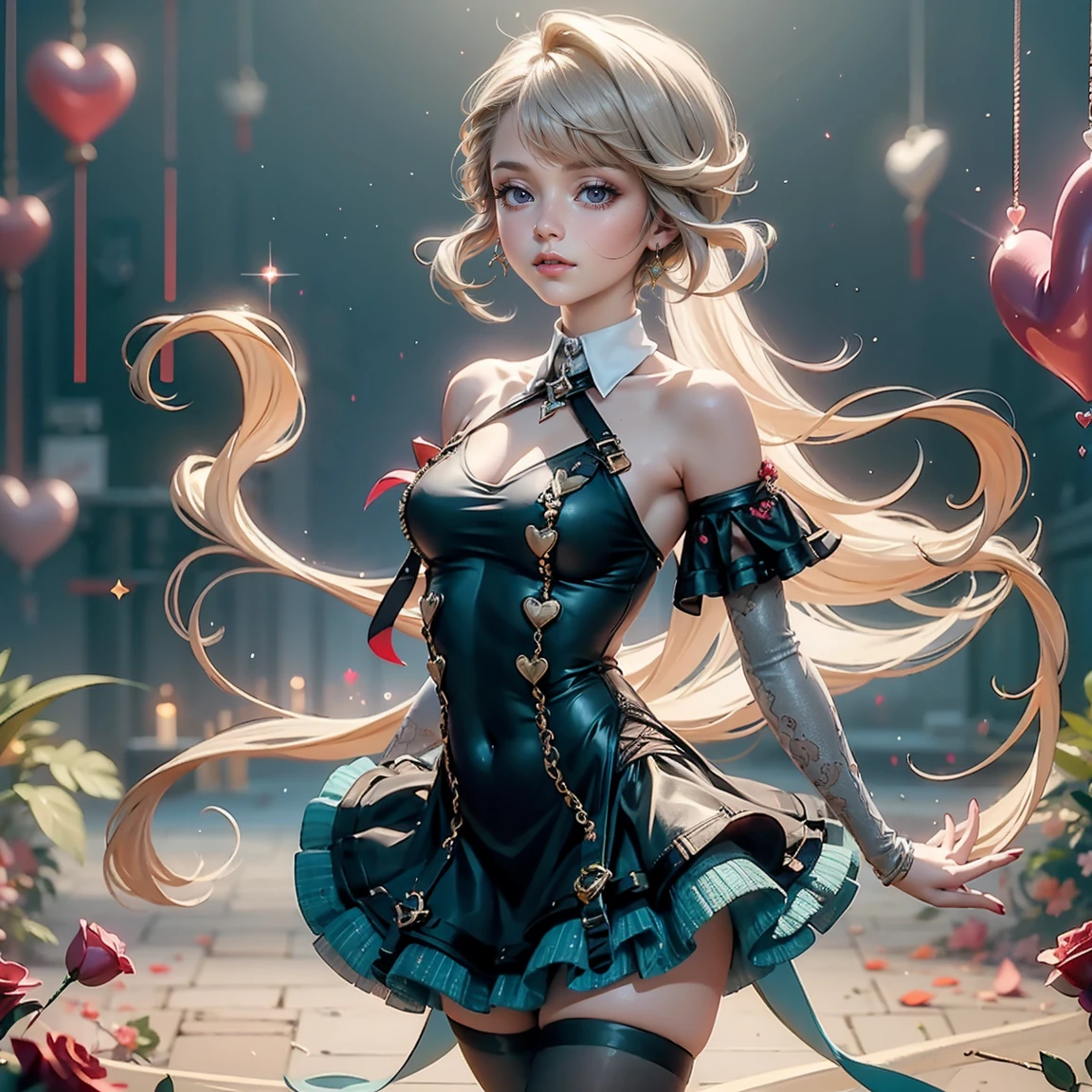 Master piece,best quality,ultra-detailed,high resolution,octane render,The overall image is of high quality, with a resolution of 4k or 8k.best quality,intricate details,absurdres,highres,cute and beautiful girl,valkyrie,(1 girl),beautiful face,seductive young girl,female focus,full body,(perfect body),cool,Her face is extremely detailed and expressive.kawaii,the girl exudes confidence and elegance,Her pose and expression convey a sense of empowerment and strength.blonde hair,single braid,glowing hair,She has long eyelashes that add to her captivating appearance,big bright green eyes, glowing eyes, (beautiful detailed eyes),highly detailed face and hair,pale eyes,a well-defined nose,pinky skin,glowing and smooth skin,faint lips,seductive and confident smile,standing,fighting stance,fist in hand,fist bump,open mouth,pointy breasts,red cyber suit with micro skirt, gold accents,gold hair ornament,white side-tie panties,garter belt,Stockings,bare shoulders,Torn clothes,expensive,allure pose,(tentacle pit),red tentacle,black Choker with chains,bracelet with chains,silver earrings,Blushing face,emphasizing her facial expression and beautiful body lines,dynamic angle,from below,sweat,perspired,steam,wet,fantasy,in cave with tentacles,creating a visually stunning effect,adding to the overall appeal,excited expression towards the camera,psychedelic,light Red eyeshadow,from below,