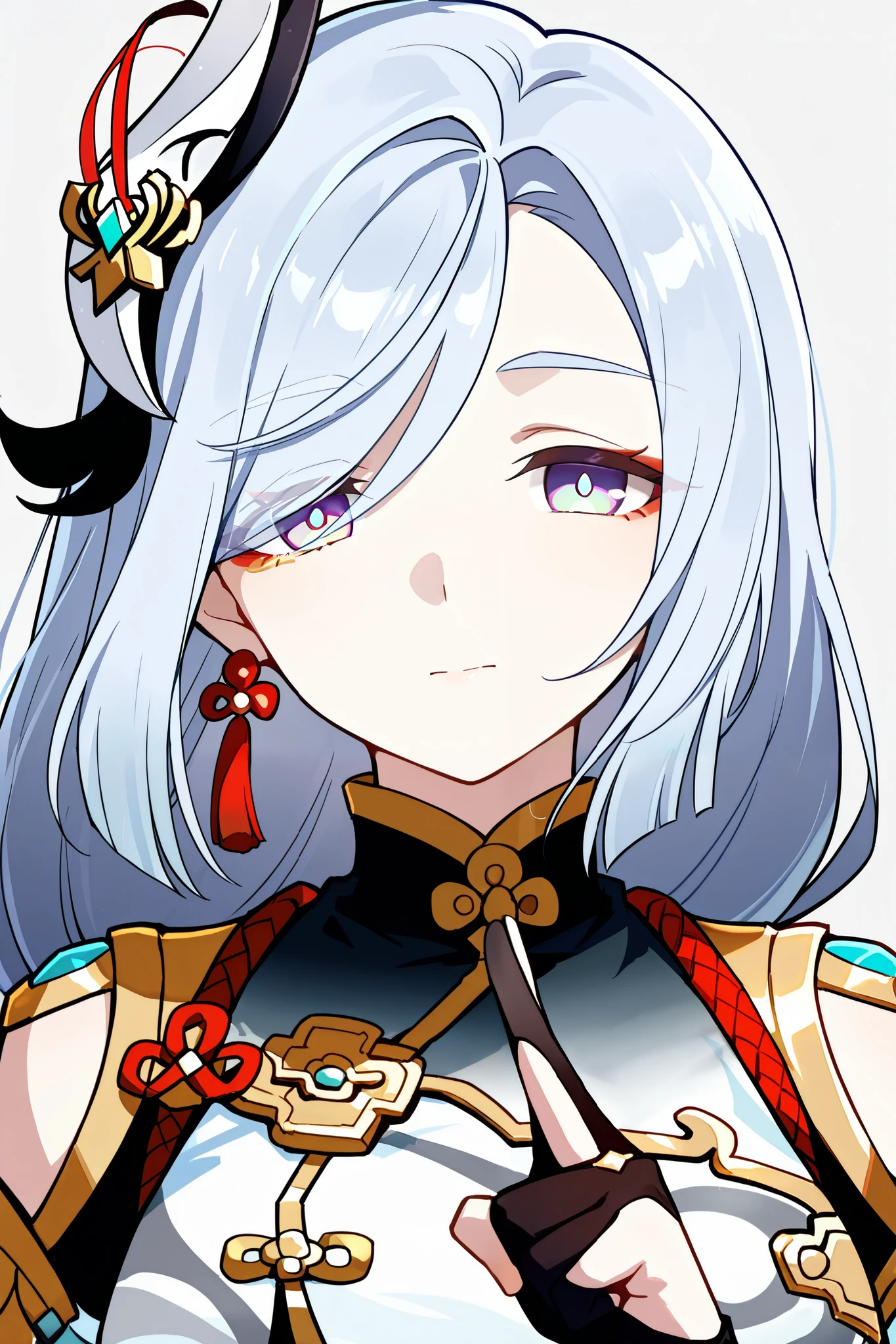 ultra-detailed, (best quality, masterpiece, ultra detailed, ultra high res, absurdres, high-resolution, highest quality, very aesthetic, textile shading), source anime, (detailed eyes), (detailed face), (Number of fingers is 5):1.3, 1girl, (shenhe /(genshin impact/)), (nasuno /(nasuno42/):0.7), looking at viewer, grey background,