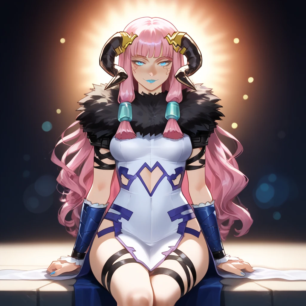 She has long blonde hair that cascades down her back.Piercing blue eyes. Her outfit is delicate, Thin chains and jewelry that barely cover the body. Mouth veil , Her neck is adorned with exquisite jewels., arms, Waist. Wicked Smile, Subordinate, Large Breasts, Egyptian style clothing, Full Body Shot, Purple clothes, Belly dancer costume(pink hair, twin tails twin drill, show your forehead, blue eyes, White frilled white headband, slanted eyes, smile, long sideburns, curled bangs, neck ribbon, Forehead, amount),