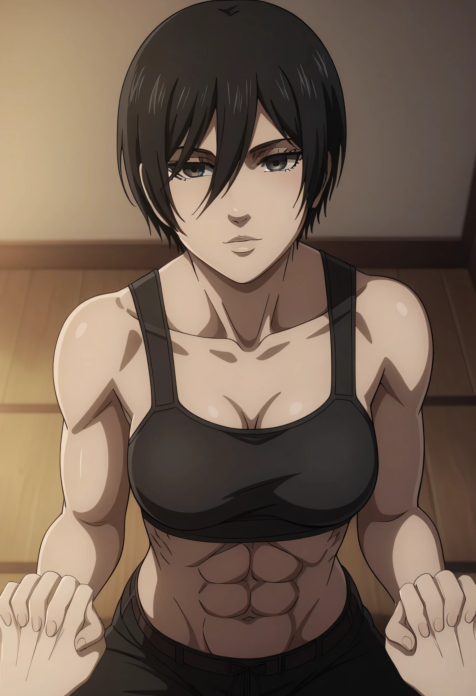 score_9, score_8_up, score_7_up, BREAK source_anime, mikasa ackrman, grey eyes, black hair, short hair, medium breasts,Mikasa wreanig black tight sport  Elastic  fiber  bra and black loose military trousers,mikasa with good looking body,perfect lighting,mikasa final season design,mikasa mappa version,sitting on  chair, Perfect generation,mikasa boy hairstyle,mikasa season 4 version,attack on titan graphics,in night,HD wallpaper,perfect colors,pixie cut hairstyle,contemplative face,,wet body,mikasa flat stomach,mikasa only six-pack,normal body size,anime style,tone six-pack,attack on titan season 4 style,upper body,close review to character,bra design  as tank top, mikasa handsome face,in bedroom,light trun off in room,mikasa alone in room,solo,2girl, serratus anterior muscles,Qblique muscles,female navel,female power attractiveness,looking at above,view from above,mikasa one hand hold a viewer in above, sift white hands in mikasa shoulders indicates that viewer is beautiful girl,romantic theme,pov from viewer 