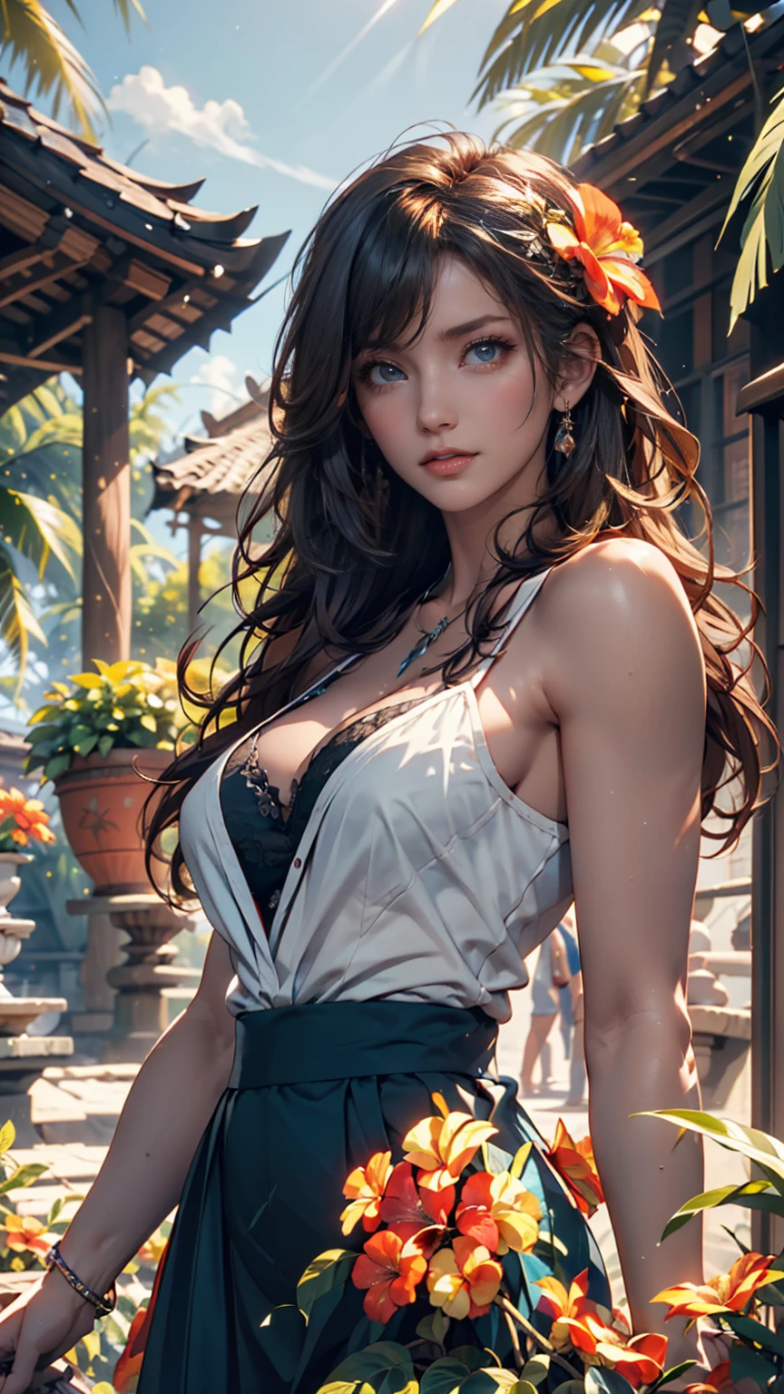 (magical pretty null blue stream overlay scene), (null), (cloud), Soft lighting, Clean background, beautiful null scenery, masterpiece, high quality, Beautiful graphics, High detail,By Thomas Kinkade, Art Station, Sharp focus, Inspiring 8k wallpapers,、24-year-old woman、Sexy proportions、Sexy、Narrow waist、slender、smile