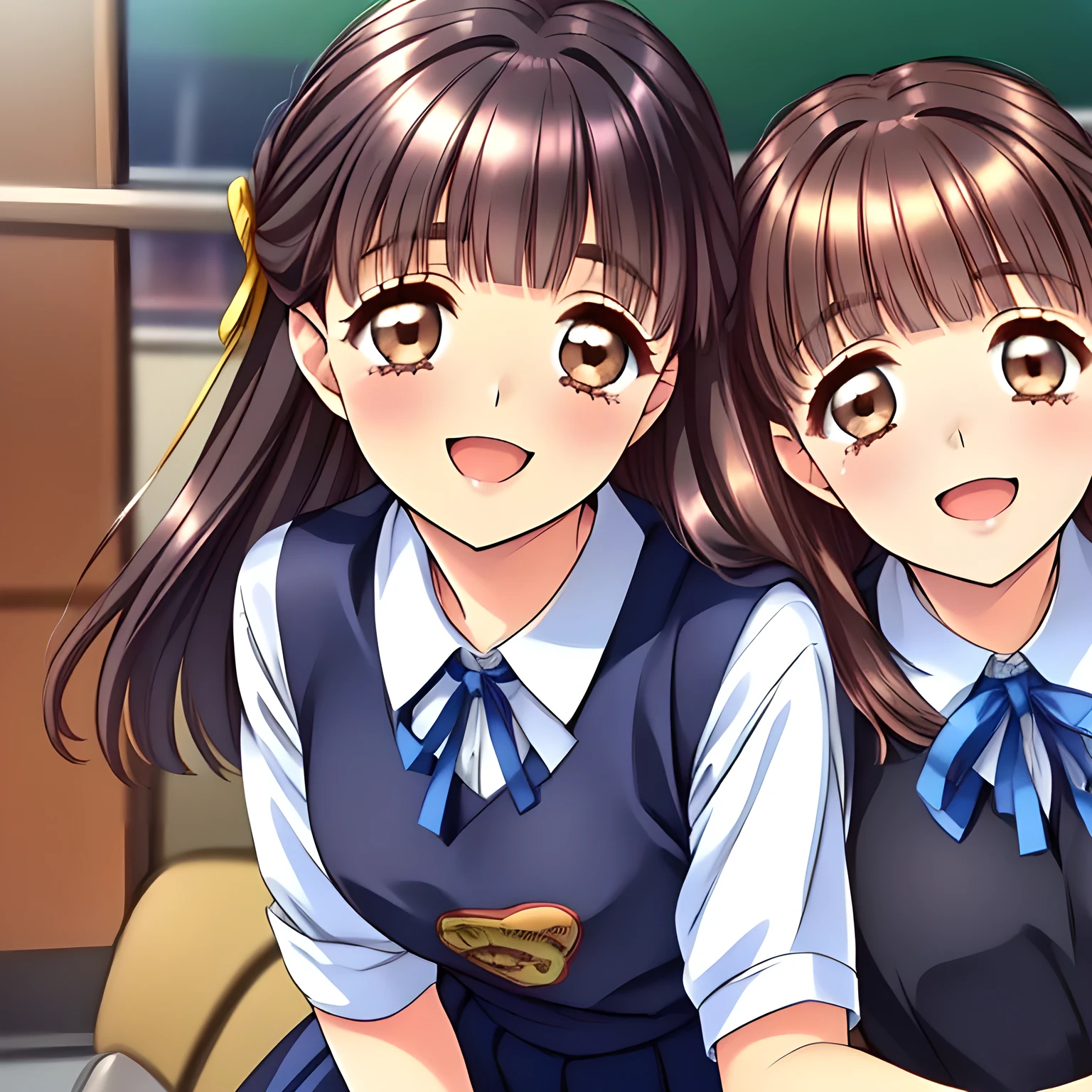 (highest quality, masterpiece:1.2), highest quality, High resolution, 1080p, 8K, (Some beautiful pretty fashion model succubi are hypnotizing the viewer by their neat beauty in a train, ((laughing at the viewer)), most beloved girl in Japan, (intelligent and perfectly balanced slender style), feeling too funny, amazingly neat & clean, in peace and neat lovely strong charm, cutely tilted head: 1.8), (Too noble beautiful lady like a love-story comic heroine), (laughing like watching a comedy), A very lovely, very noble, pretty and pure beautiful girls. ((Bursting out Laughing very elegantly)), ((white grown face)), Using expensive whitening cosmetics by cosmetics artist: 1.2), A white face that everyone loves, Glossy lips, (curled) bangs, (Too beautiful blue fascinating shiny (double-lidded) (brown eyes) with love to the viewer, ((deep upper girly eyelid)), laughing with detailed clearly: 1.5), (Dark blue vest school uniform, (Neat smart (white school frilled blouse))): 1.8), (A very neat, ((realistic), (dark-blue) pleated blue school skirt): 1.6), (too pretty shiny light-yellow realistic school ribbon): 1.5), (Shiny love-story heroine lips, extremely laughing open mouth: 1.0), ((amazingly beautiful black hair: 1.5)), (Ribbon in (black hair), The ribbon is big and very pretty), (Tight waist, slender like a beautiful fashion model: 1.5), (The lady knows well about the viewer's super fetishism for school uniforms, and satisfies it completely in the viewer's lewd dream: 1.7), (beautiful neat fascinating cute noble atmosphere: 1.8), (early in the morning: 1.5), (Show your prettiest expression!!: 1.5), (The girls are charming the viewer together to control me completely: 1.2)