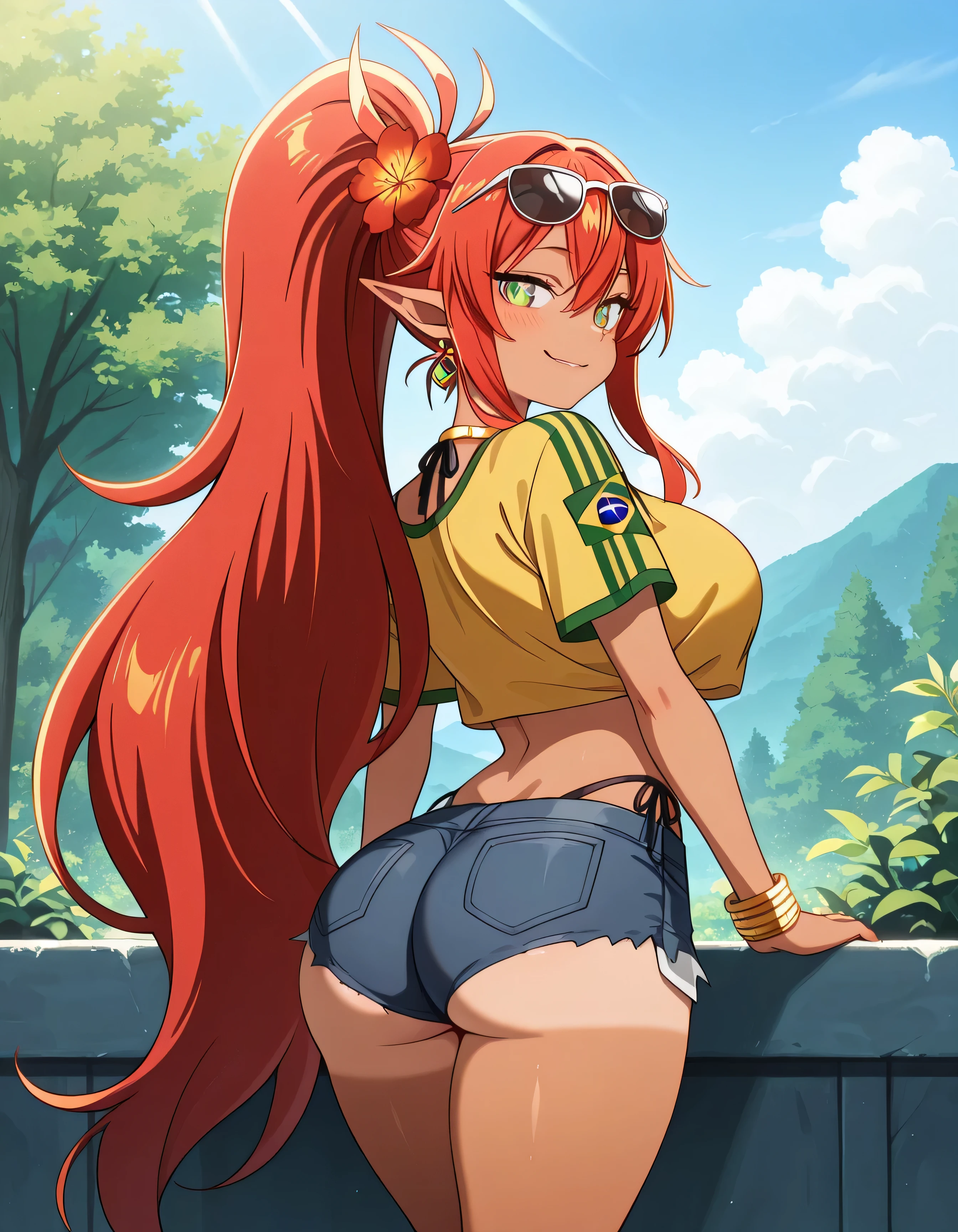 masterpiece, best quality, high resolution, absurdres, masterpiece, best quality, very aesthetic, absurdres, best quality, masterpiece, best quality, high resolution, newest, official style, anime screncap, ulmandra, 1girl, pointy ears, long hair, solo, red hair, green eyes, dragon girl, navel, ponytail, jewelry, midriff, very long hair, large breasts, sunglasses on head, flower in hair, yellow shirt, brazil flag on shirt, denim shorts, booty shorts, tanned, Showing her ass, naughty smile