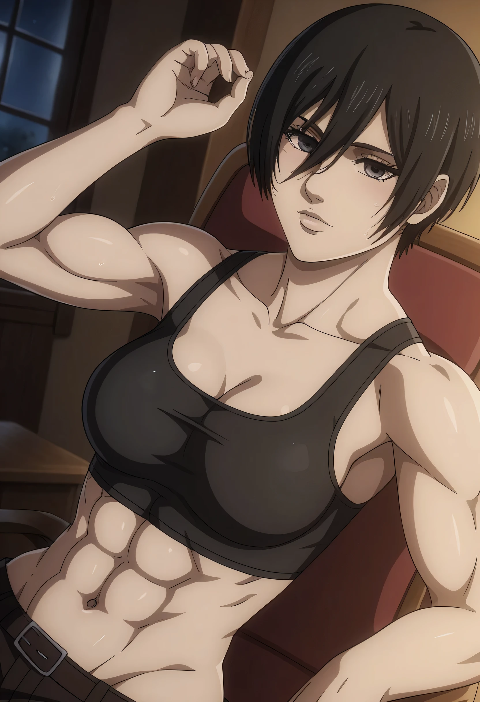 score_9, score_8_up, score_7_up, BREAK source_anime, mikasa ackrman, grey eyes, black hair, short hair, medium breasts,Mikasa wreanig black tight sport  Elastic  fiber  bra and black loose military trousers,mikasa with good looking body,perfect lighting,mikasa final season design,mikasa mappa version,sitting on  chair, Perfect generation,mikasa boy hairstyle,mikasa season 4 version,attack on titan graphics,in night,HD wallpaper,perfect colors,pixie cut hairstyle,contemplative face,,wet body,mikasa flat stomach,mikasa only six-pack,normal body size,anime style,tone six-pack,attack on titan season 4 style,upper body,close review to character,bra design  as tank top, mikasa handsome face,in bedroom,light trun off in room,mikasa with viewer in room,solo,2girl, serratus anterior muscles,Qblique muscles,female navel,female power attractiveness, mikasa looking at above,view from above,, girl soft white hands in mikasa neck indicates that viewer is beautiful girl,romantic theme,pov from girl,girl white hands in mikasa neck 