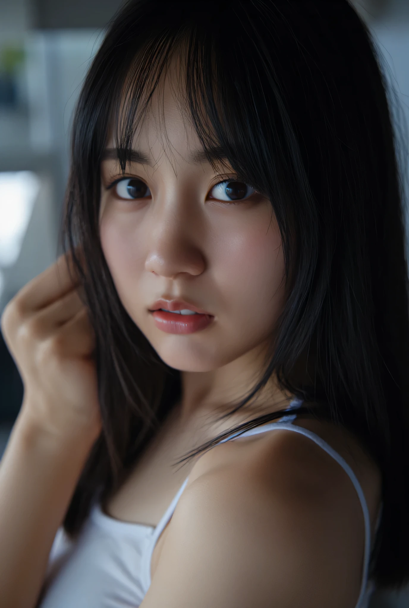 (((Top-Down Configuration:1.4))), ( top quality:1.4), (ultra highres:1.2), ( Photorealistic:1.4), (16k, RAW Photo :1.2), ( blue eyes burning with blue flames as portrait shots :1.3), professional lighting, Japanese goddesses, By gravure 々, detailed face and skin texture, fine grain , lying together while looking at the camera , nsfw, beautiful eyes, fine grain , beautiful face, detailed face, ((shy:1.5)), (:1.3), ( top quality), growing skin, ( Smooth tropical car lighting:1.2), (Cinema Lighting:1.2), profile 1 girl , While Inside , (( naked:1.3)), (( nudes:1.3)), ( chest:1.3), (( Tiny Breasts :1.4)), (( Bare Thighs :1.3)), ( wet thighs:1.3), ((Bare legs:1.2)), ( barefoot), ( in), ((Steam comes out :1.3)), ((sweat:1.5)), wet, ( arms back head :1.4), (( side with gravure accent :1.4)), from side