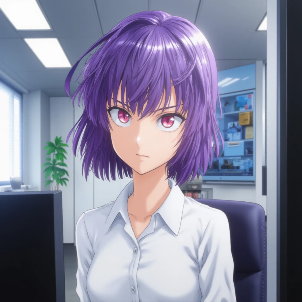 screenshot Blue Lock, purple haired girl (Hime Cut hairstyle), pink eyes, office outfit