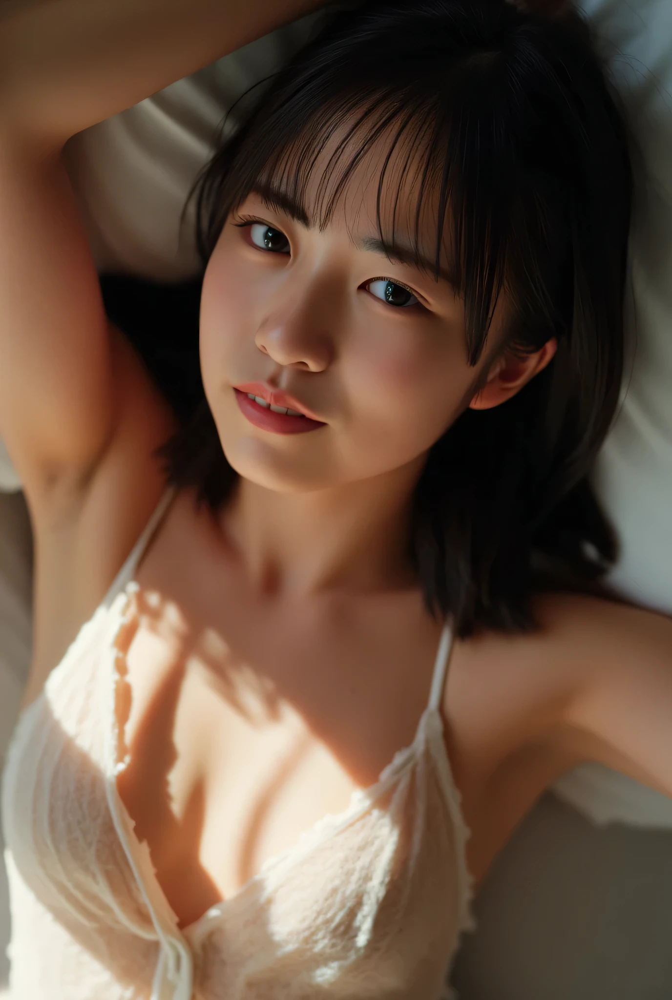 Sex with people , lies in bed, Small Boobs、 growing skin, beautiful women , Thin Smile , detailed skin, Face and eyes , natural light , At home , long hair, ( and I'm wearing a sexy sheer nightgown:1.5) , ( My nipples stand upright :1.5)、( nipple:1.5)、 ( I can see the pubic hair:1.2)、 , low contrast , natural face , black hair , dark circles under the eyes , camera from above ,