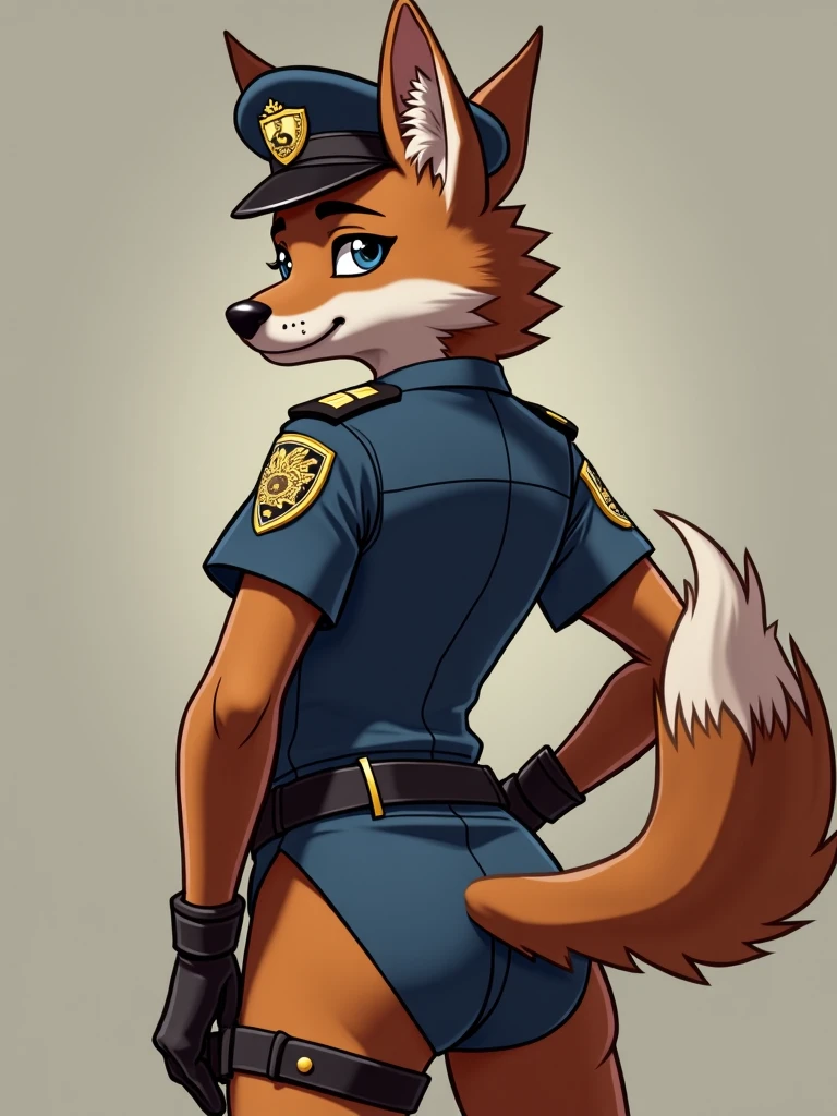 ((best quality)), ((masterpiece)), (detailed),  digital artwork of a  nick Wilde with rock hard abs and a bare midriff wearing a crop top of his long sleeve police uniform with police pants, fox, tail, furry style, anthro style, 