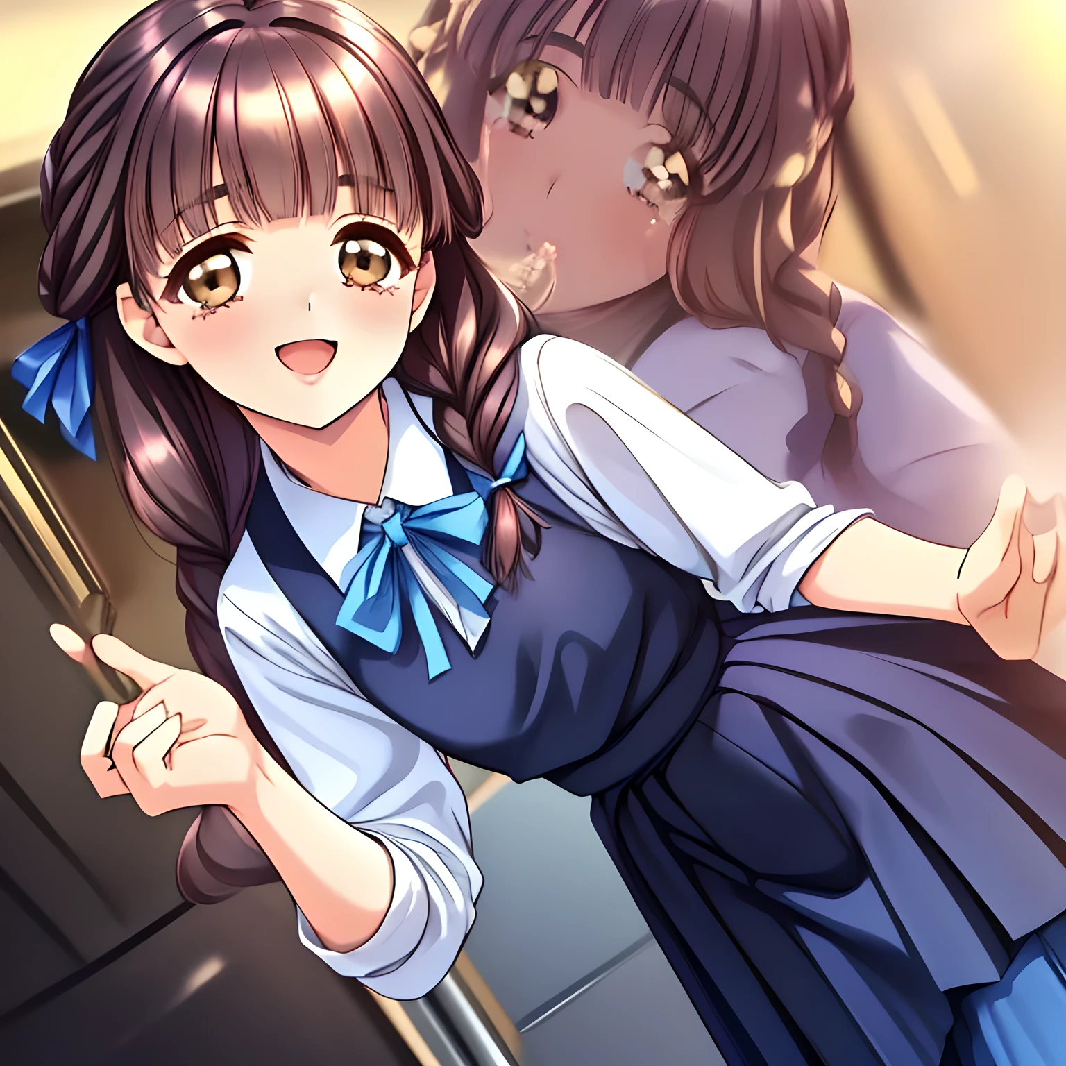 (highest quality, masterpiece:1.2), highest quality, High resolution, 1080p, 8K, (Some yo beautiful pretty fashion model succubi are hypnotizing the viewer by their neat beauty in a train, ((laughing at the viewer)), most beloved girl in Japan, (intelligent and perfectly balanced slender style), feeling too funny, amazingly neat & clean, in peace and neat lovely strong charm, cutely tilted head: 1.8), (Too noble beautiful lady like a love-story comic heroine), (laughing like watching a comedy), A very lovely, very noble, pretty and pure beautiful girls. ((Bursting out Laughing very elegantly)), ((white grown face)), Using expensive whitening cosmetics by cosmetics artist: 1.2), A white face that everyone loves, Glossy lips, (curled) bangs, (Too beautiful blue fascinating shiny (double-lidded) (brown eyes) with love to the viewer, ((deep upper girly eyelid)), laughing with detailed clearly: 1.5), ((Dark blue vest school uniform), Neat smart white school blouse): 1.8), (A very neat, ((realistic), (dark-blue) pleated blue school skirt): 1.6), (too pretty shiny light-yellow realistic school ribbon): 1.5), (Shiny love-story heroine lips, extremely laughing open mouth: 1.0), ((amazingly beautiful black (neat tight braids) hair: 1.5)), (Ribbon in (black hair), The ribbon is big and very pretty), (Tight waist, slender like a beautiful fashion model: 1.5), (The lady knows well about the viewer's super fetishism for school uniforms, and satisfies it completely in the viewer's lewd dream: 1.7), (beautiful neat fascinating cute noble atmosphere: 1.8), (early in the morning: 1.5), (Show your prettiest expression!!: 1.5), (The girls are charming the viewer together to control me completely: 1.2)