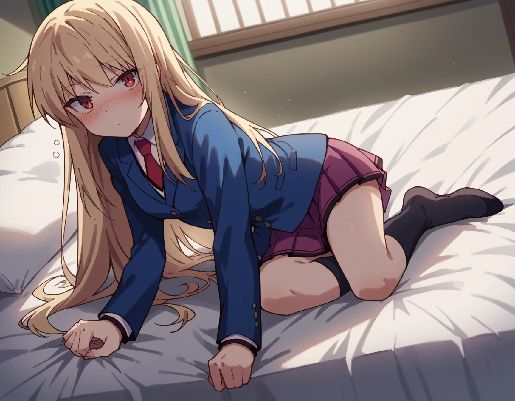 1 girl,alone,Ahegao、sticking out tongue、nipple、black panties、torn uniform、thighs、spread legs、open your legs wide、sleeping in bed、Bedback、Tilt your face away、look up、blush、highest quality、animegirl、detailed face