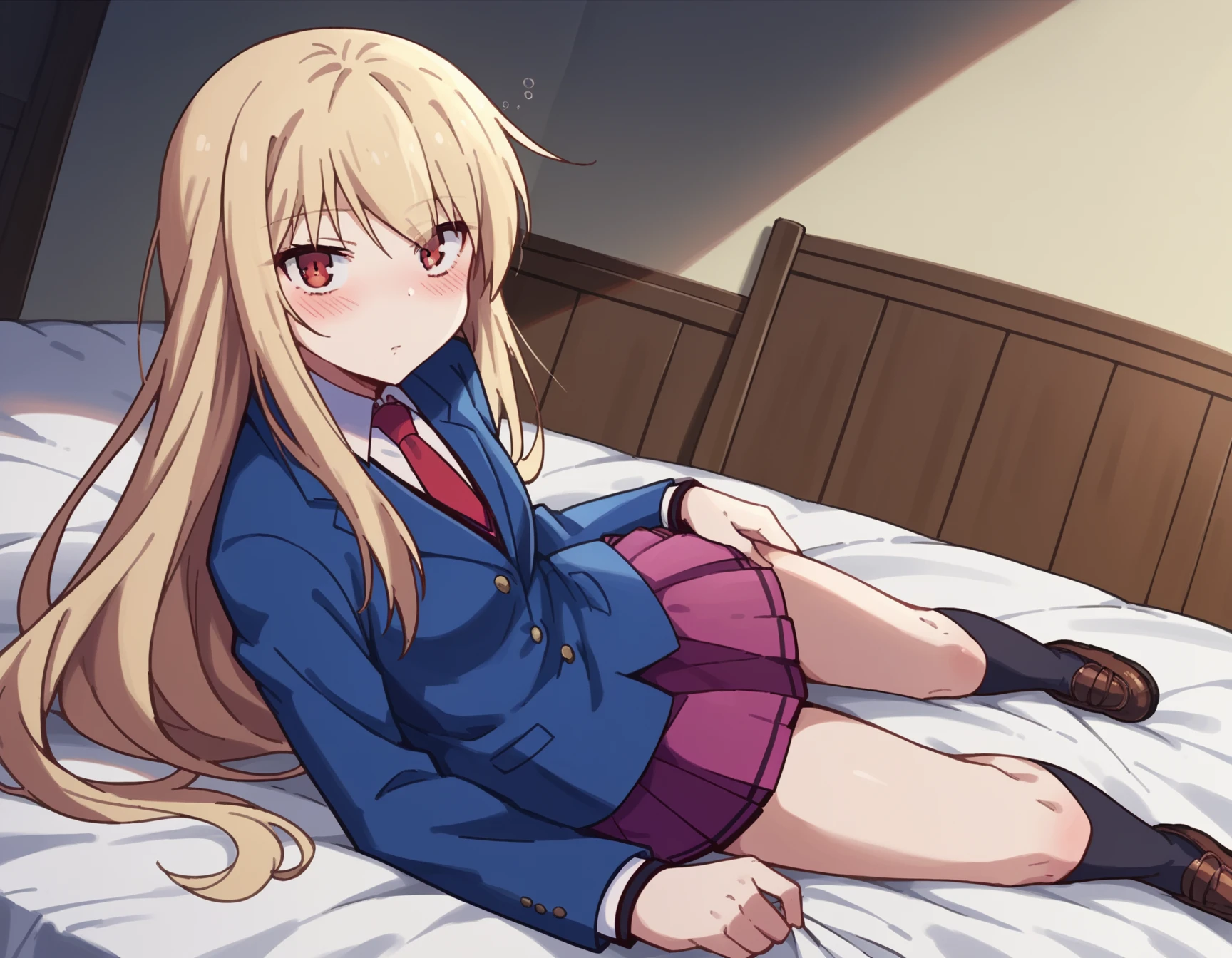 1 girl,alone,Ahegao、sticking out tongue、nipple、black panties、torn uniform、thighs、spread legs、open your legs wide、sleeping in bed、Bedback、Tilt your face away、look up、blush、highest quality、animegirl、detailed face、black bra、(nipple)
