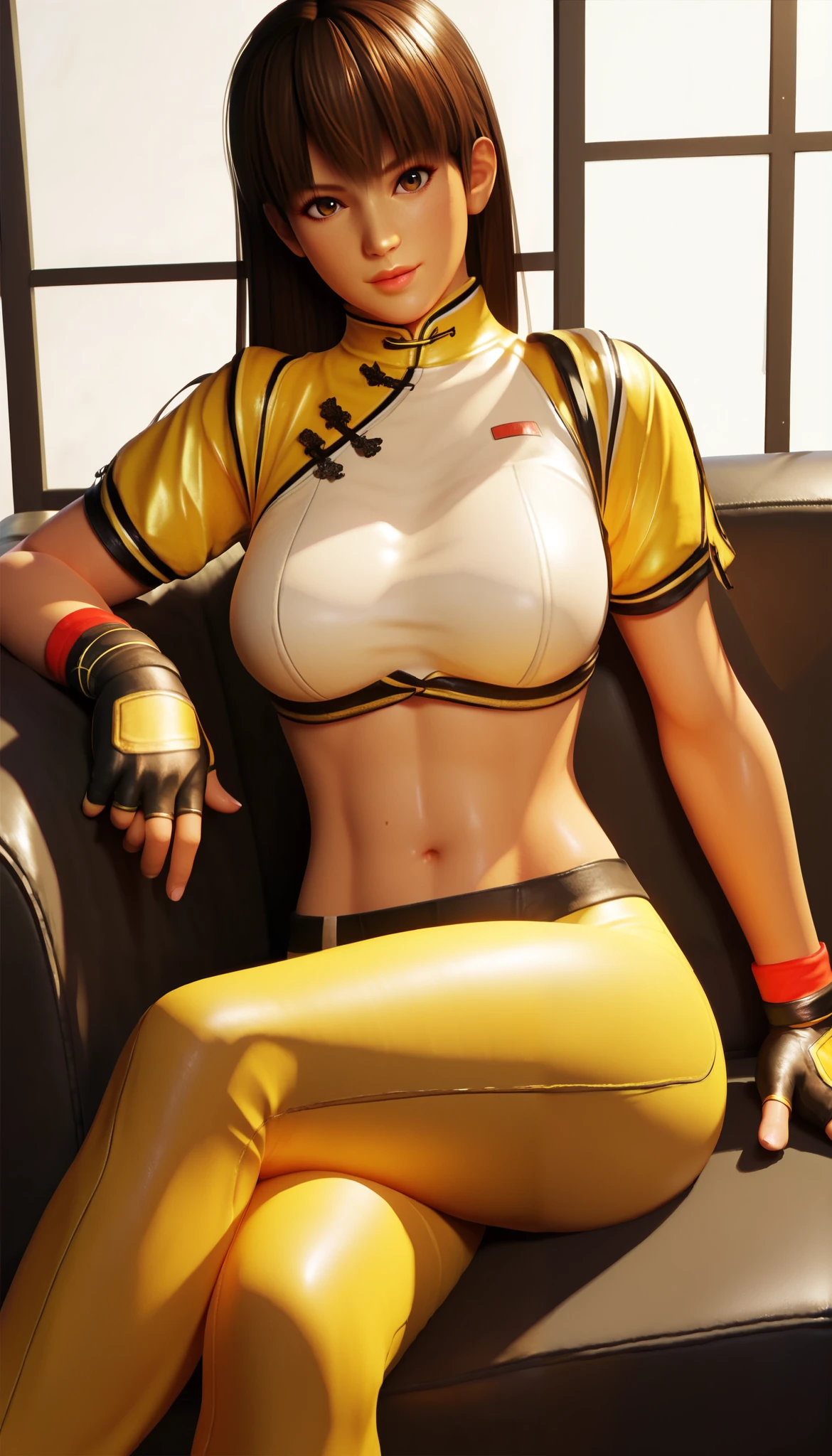 LeiFangDOA, brown hair, (long brown straight hair:1.4), crop top, yellow leggings, short sleeves, fingerless gloves, breasts, sitting, couch, crossed legs, looking at viewer,