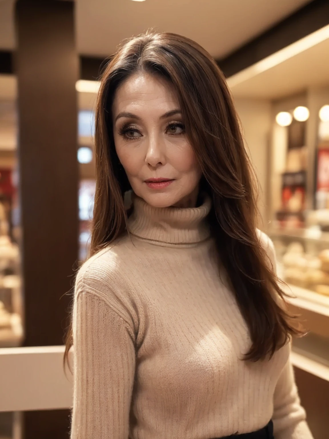 One beautiful mature Italian woman in 1960s style, wearing a tight brown knit dress, large bust, long wavy dark hair, half-opened mouth, cocked head, professional camera, professional lighting, photorealistic, highly detailed, masterpiece, 8k, ultra-detailed, physically based rendering, sharp focus, vivid colors, warm color tones.