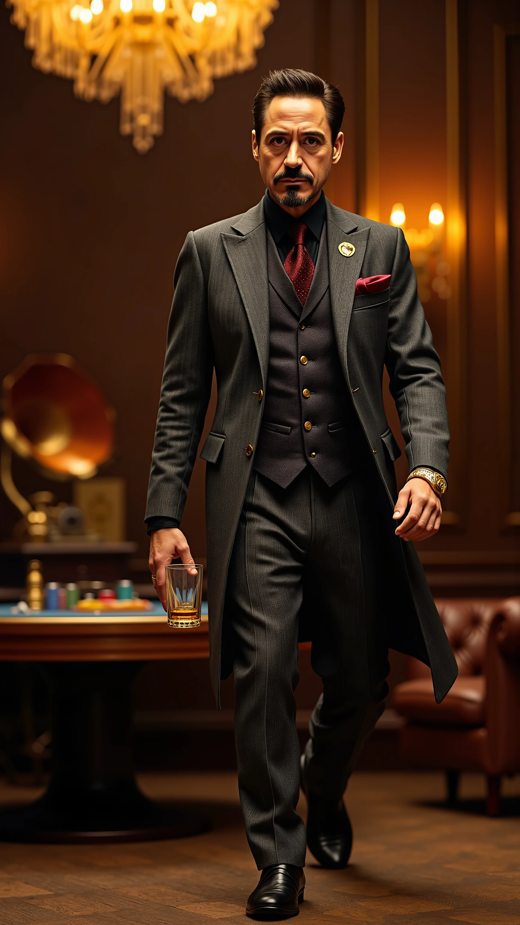 Robert Downey Jr. reimagined as a as a mafia boss walking and holding a crystal glass of top-shelf whiskey、dramatic atmosphere, 1 male、
sharp, confident gaze with a smirk that exudes charm and authority. His neatly trimmed beard and slicked-back dark hair with silver streaks add to his refined yet dangerous aura. His piercing brown eyes observe everything with calculated precision, making him both charismatic and intimidating.
He wears a perfectly tailored three-piece charcoal gray suit with subtle pinstripes, exuding power and sophistication. The jacket has silk lapels, and a deep burgundy silk pocket square peeks from the breast pocket. Underneath, a crisp black dress shirt is buttoned up with a custom gold tie clip featuring an engraved lion emblem. A gold Rolex with a diamond-studded bezel glimmers on his wrist, while a thick gold signet ring, embossed with his family crest, rests on his pinky finger. A sleek black leather belt with a gold buckle secures his perfectly pressed trousers. In his right hand, he holds a crystal glass of top-shelf whiskey.
, shows his male character's full figure, athletic body, perfect face, full body, extremely beautiful, god, male shape, perfect anatomy, The background showcases A lavish private lounge with dim golden lighting, dark mahogany walls, and leather armchairs. A grand chandelier casts a soft glow over a poker table scattered with chips, a vintage phonograph playing smooth jazz in the background, photorealistic, masterpiece, realistic, high contrast, 8k, HD, high definition detailed, detailed, hyper detailed, realistic skin texture, best quality, ultra high resolution, hyper realistic, no text, very detailed eyes, dramatic lighting