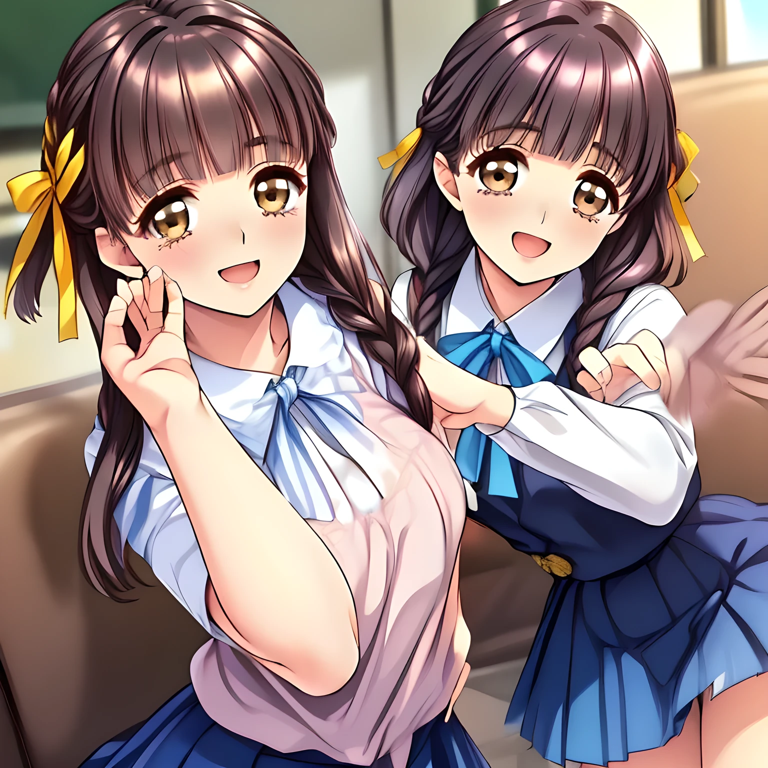 (highest quality, masterpiece:1.2), highest quality, High resolution, 1080p, 8K, (Some yo beautiful pretty fashion model succubi are hypnotizing the viewer by their neat beauty in a train, ((laughing at the viewer)), most beloved girl in Japan, (intelligent and perfectly balanced slender style), feeling too funny, amazingly neat & clean, in peace and neat lovely strong charm, cutely tilted head: 1.8), (Too noble beautiful lady like a love-story comic heroine), (laughing like watching a comedy), A very lovely, very noble, pretty and pure beautiful girls. ((Bursting out Laughing very elegantly)), ((white grown face)), Using expensive whitening cosmetics by cosmetics artist: 1.2), A white face that everyone loves, Glossy lips, (curled) bangs, (Too beautiful blue fascinating shiny (double-lidded) (brown eyes) with love to the viewer, ((deep upper girly eyelid)), laughing with detailed clearly: 1.5), ((Dark blue vest school uniform), Neat smart white school blouse): 1.8), (A very neat, ((realistic), (dark-blue) pleated blue school skirt): 1.6), (too pretty shiny light-yellow realistic school ribbon): 1.5), (Shiny love-story heroine lips, extremely laughing open mouth: 1.0), ((amazingly beautiful black ((neat tight braids)) hair: 1.5)), (Ribbon in (black hair), The ribbon is big and very pretty), (Tight waist, slender like a beautiful fashion model: 1.5), (The lady knows well about the viewer's super fetishism for school uniforms, and satisfies it completely in the viewer's lewd dream: 1.7), (beautiful neat fascinating cute noble atmosphere: 1.8), (early in the morning: 1.5), (Show your prettiest expression!!: 1.5), (The girls are charming the viewer together to control me completely: 1.2)