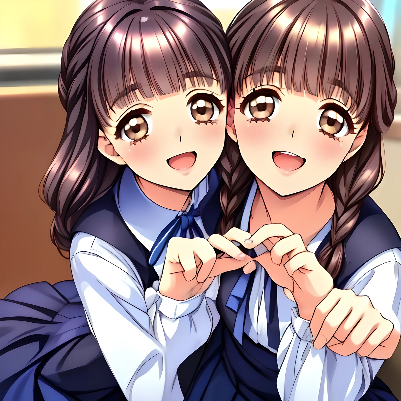 (highest quality, masterpiece:1.2), highest quality, High resolution, 1080p, 8K, (Some yo beautiful pretty fashion model succubi are hypnotizing the viewer by their neat beauty in a train, ((laughing at the viewer)), most beloved girl in Japan, (intelligent and perfectly balanced slender style), feeling too funny, amazingly neat & clean, in peace and neat lovely strong charm, cutely tilted head: 1.8), (Too noble beautiful lady like a love-story comic heroine), (laughing like watching a comedy), A very lovely, very noble, pretty and pure beautiful girls. ((Bursting out Laughing very elegantly)), ((white grown face)), Using expensive whitening cosmetics by cosmetics artist: 1.2), A white face that everyone loves, Glossy lips, (curled) bangs, (Too beautiful blue fascinating shiny (double-lidded) (brown eyes) with love to the viewer, ((deep upper girly eyelid)), laughing with detailed clearly: 1.5), ((Dark blue vest school uniform), Neat smart white school blouse): 1.8), (A very neat, ((realistic), (dark-blue) pleated blue school skirt): 1.6), (too pretty shiny light-yellow realistic school ribbon): 1.5), (Shiny love-story heroine lips, extremely laughing open mouth: 1.0), ((amazingly beautiful black ((neat tight braids)) hair: 1.5)), (Ribbon in (black hair), The ribbon is big and very pretty), (Tight waist, slender like a beautiful fashion model: 1.5), (The lady knows well about the viewer's super fetishism for school uniforms, and satisfies it completely in the viewer's lewd dream: 1.7), (beautiful neat fascinating cute noble atmosphere: 1.8), (early in the morning: 1.5), (Show your prettiest expression!!: 1.5), (The girls are charming the viewer together to control me completely: 1.2)