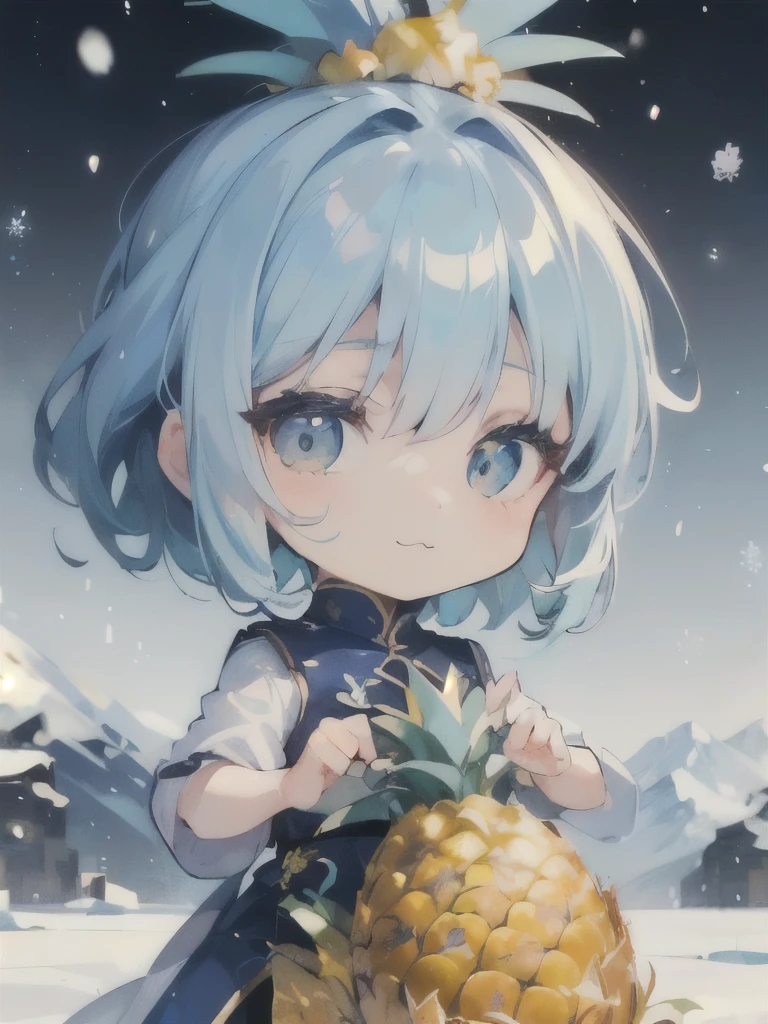 ( Masterpiece、 Fresh Pineapple:1.5)、( best quality、beautiful anatomy、 Anime Moe 、Chibi Body、Sharp Face、 Read more、 light-reflecting skin、 white skin、 Delicately Drawn Fingers :1.2)、( light blue hair color 、 Short Chignon Hair 、 golden eyes、:3、 stupid hair :1.3)、(Snow Mountain Live 、Detective Conan pose、 idol costume:1.3)、( Pineapple Objects、A stage where you hit the drums to the fullest and get excited with the sound 、Sense of presence、 echoing、PV shooting:1.3)