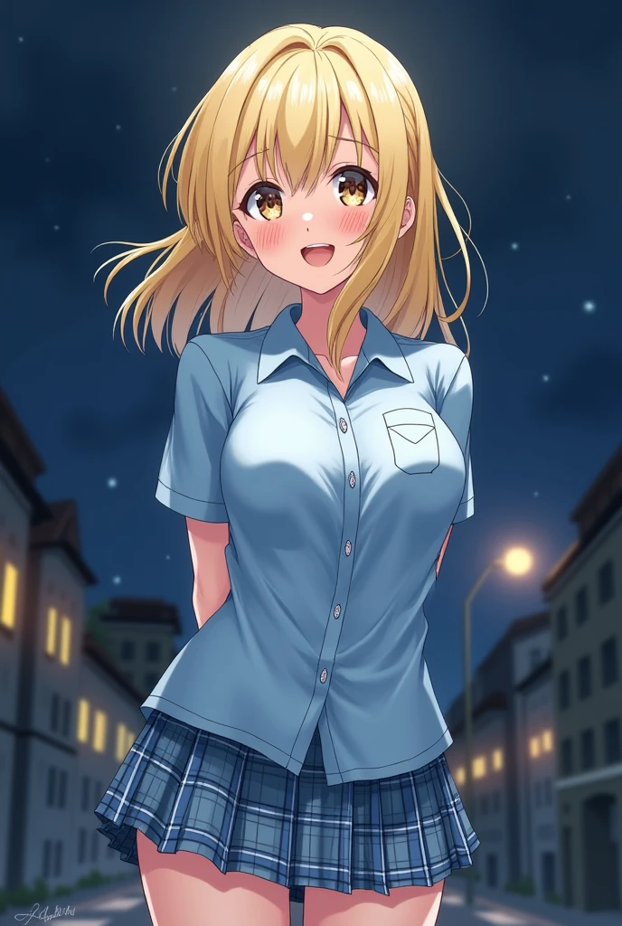 (masterpiece:1.3, top-quality, ultra high res, ultra detailed), (realistic:1.1, photorealistic:1.4), beautiful illustration, perfect lighting, colorful, depth of fields, 
beautiful detailed hair, beautiful detailed face, beautiful detailed eyes, beautiful clavicle, beautiful body, beautiful chest, beautiful thigh, beautiful legs, beautiful fingers, 
looking at viewer, 1 girl, japanese, high school girl, perfect face, (perfect anatomy, anatomically correct), cute and symmetrical face, babyface, suntan, shiny skin, 
(middle hair:1.5, twintails:1.2, blonde hair), asymmetrical bangs, blue eyes, long eye lasher, (medium breasts), slender, 
((collared short sleeve shirt, light blue shirt, school uniform, grey plaid pleated skirt, navy tie)), light blue panties, 
(beautiful scenery), evening, (outdoors, cityscape in the distance), standing, hands on chest, (lovely smile, upper eyes, open mouth), 