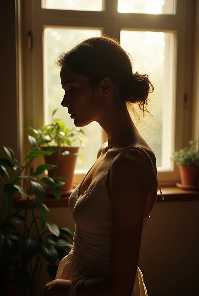 arafed photo of a beautiful woman,soft light , vray engaine,  light on edges , dramatic pose , light from windows , flowers pot hanged around windows. , inspired by Max Dupain, davide sorrenti, inspired by Peter Basch, inspired by Peter Lindbergh, julia sarda, by Dan Frazier, inspired by Mario Sironi, inspired by irakli nadar, inspired by Larry Fink, by irakli nadar, grainy ,