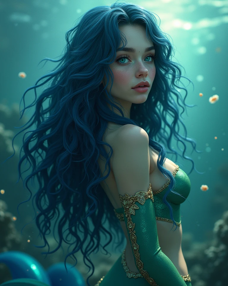 A young woman with voluminous hair in shades of blue and green, rippling like the waters of the ocean. Her hair is adorned with small shells and pearls that shine softly. Your eyes are a sparkling emerald green, with makeup in shades of blue and gold that recalls the depths of the sea. Your skin has a pearly glow, as if reflecting the light of the water. Ao fundo, there is a soft texture of corals and seaweed in pastel tones, that complete the underwater environment. 8 k quality, mystical and ethereal style.